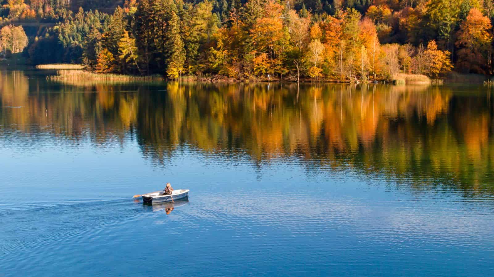 A person rows a small boat on a calm lake with colorful autumn trees reflected in the water.