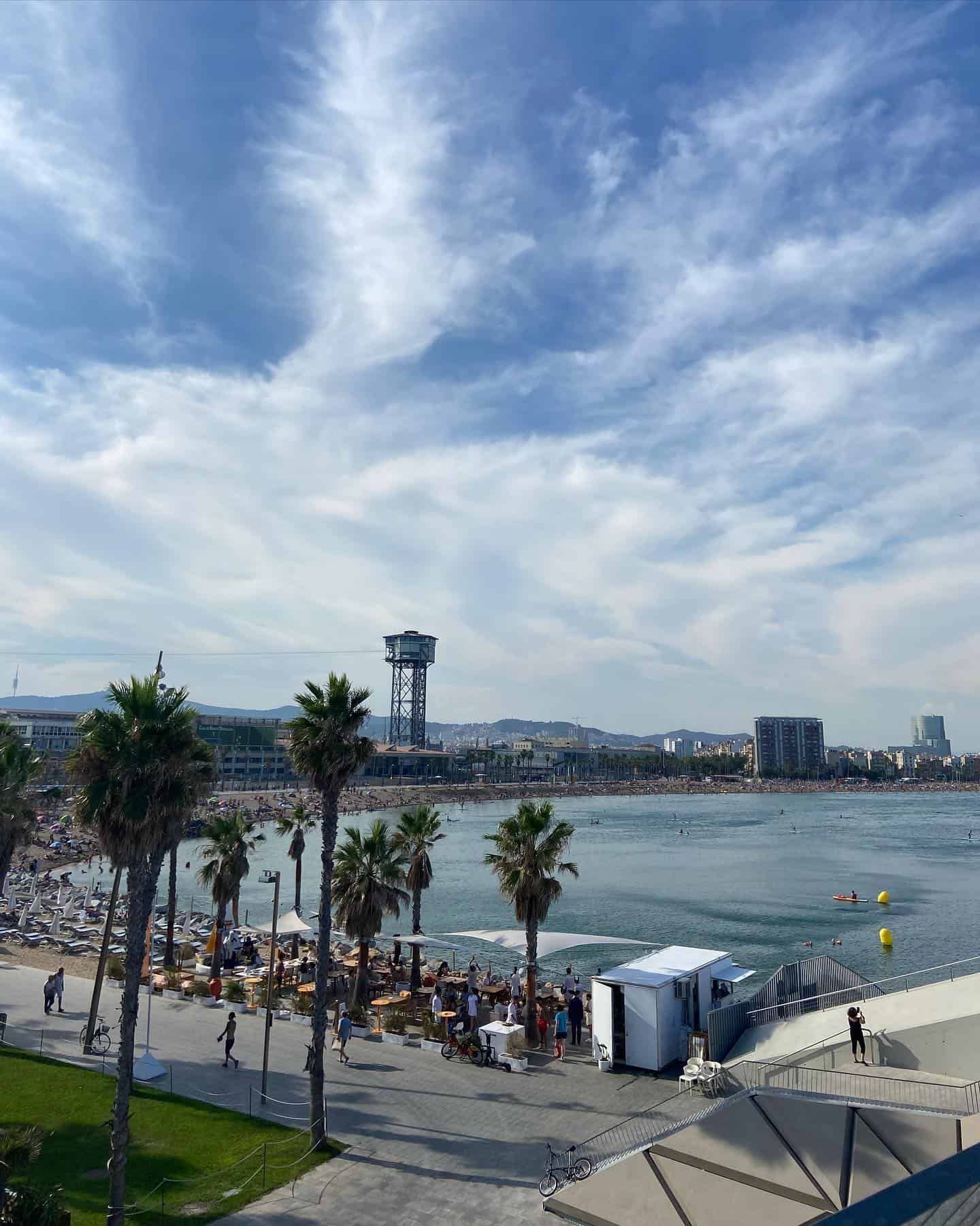 View of a busy beach with palm trees, people sunbathing, and a blue sky with scattered clouds above—perfect for enjoying nearby beachfront restaurants Barcelona is famous for.