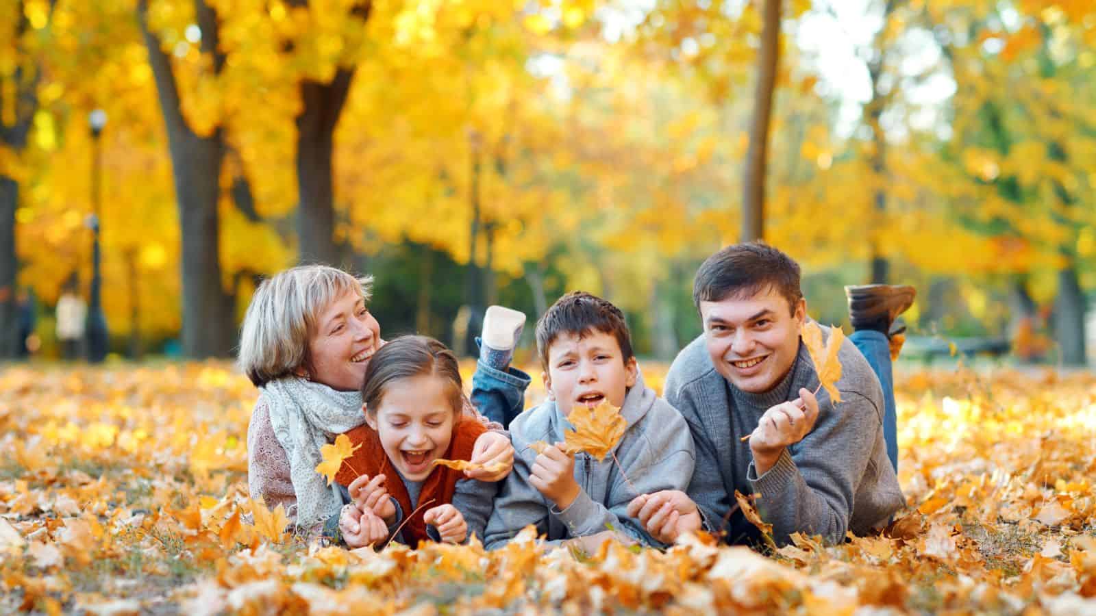Four people lie on autumn leaves in a park, smiling and holding yellow leaves, surrounded by trees.