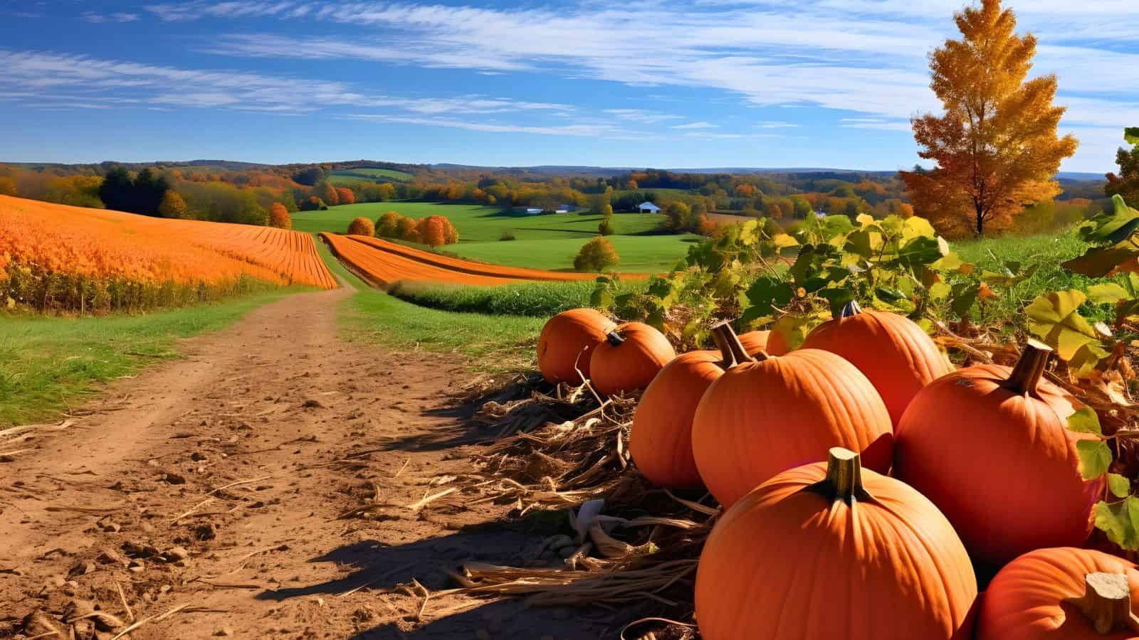Large orange pumpkins on a dirt path overlook rolling green fields and autumn trees under a blue sky.