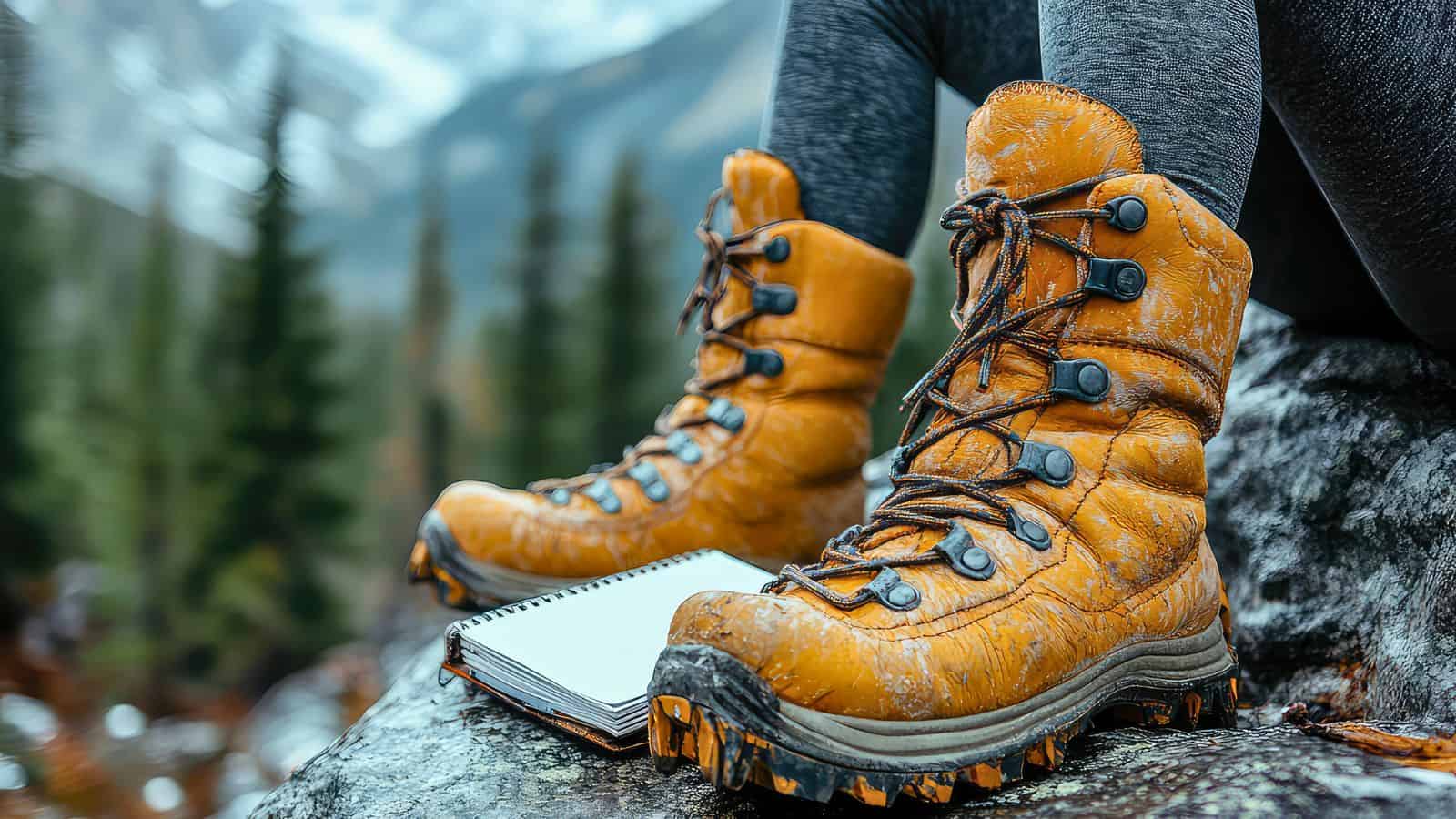 Close-up of worn hiking boots next to a notebook on a rock, with trees and mountains in the background.