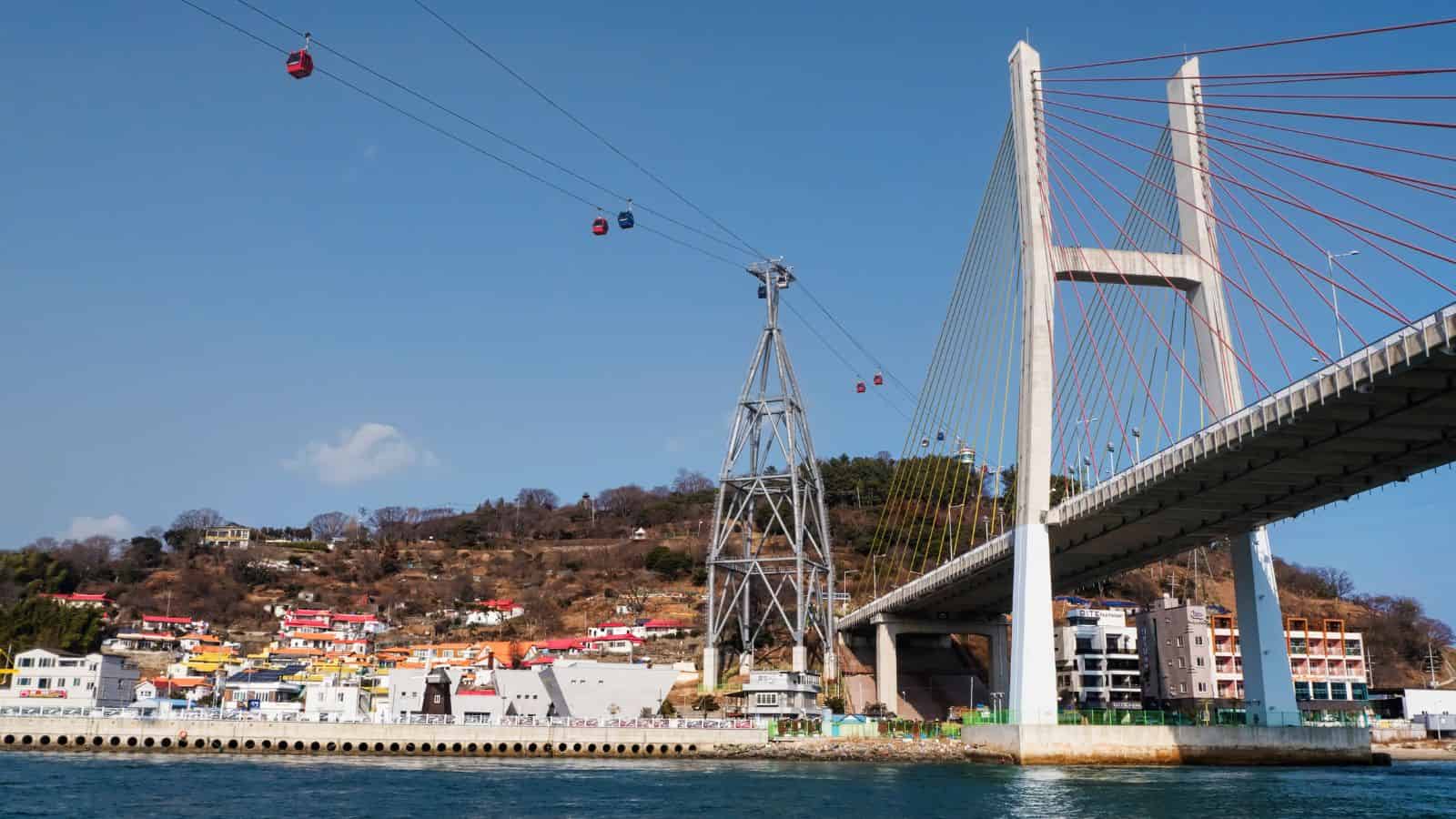Cable cars travel above water near a bridge and colorful hillside buildings on a clear day.
