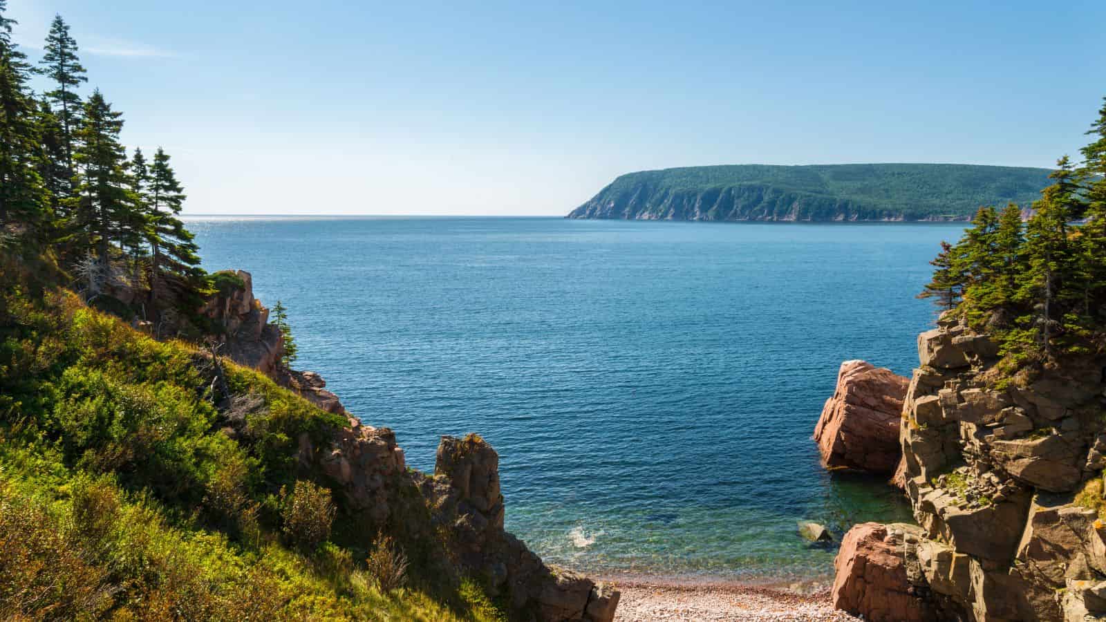 Rocky cliffs with green trees overlooking a calm blue bay and distant forested headland under a clear sky.