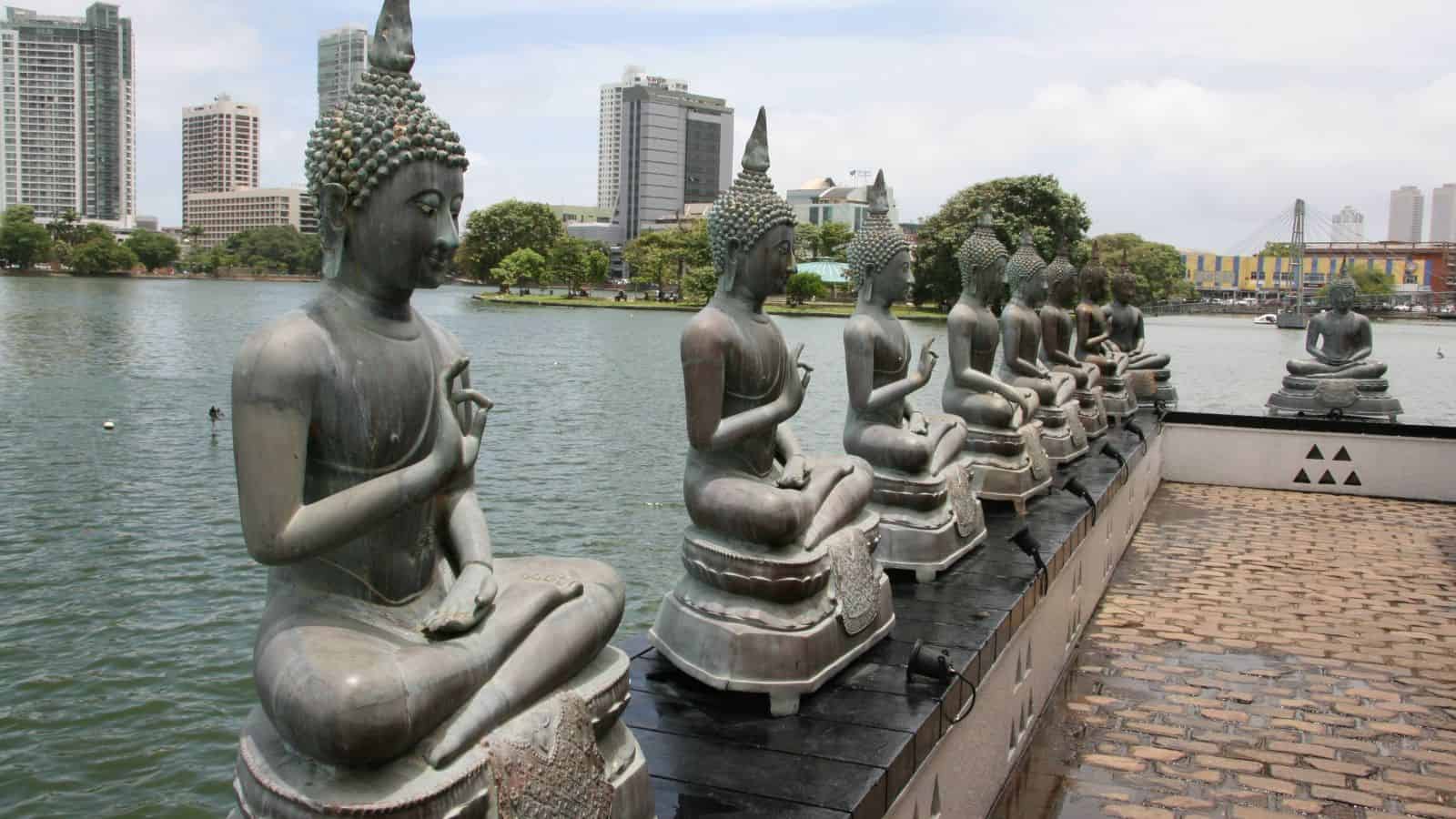 A row of Buddha statues sits by a lakeside with city buildings in the background.