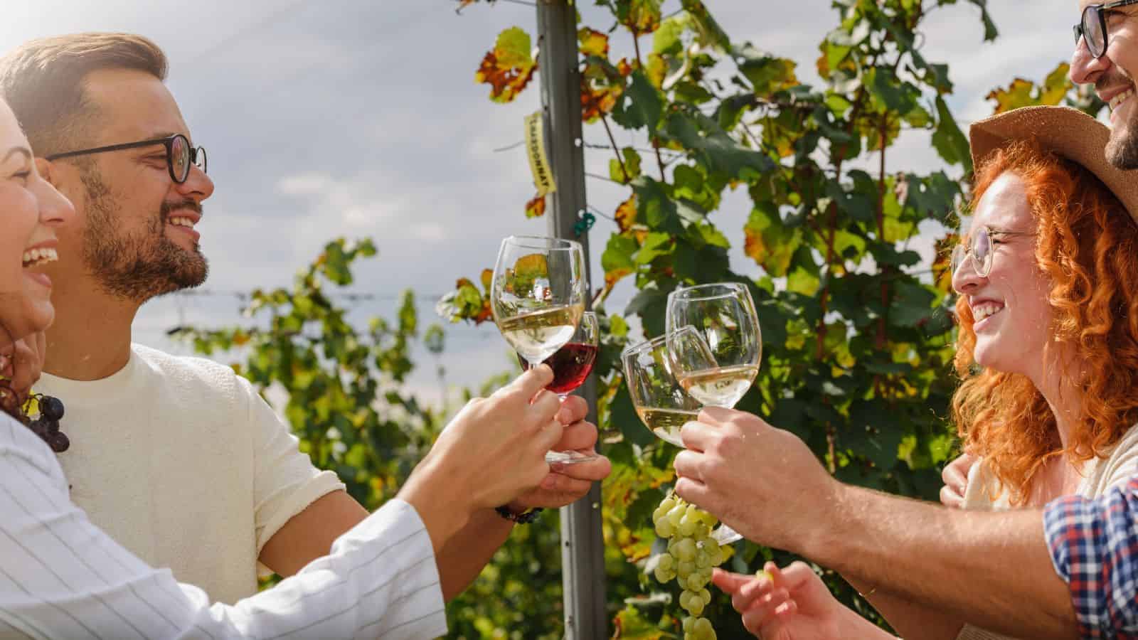 Four people clinking wine glasses and smiling together in a sunny vineyard.