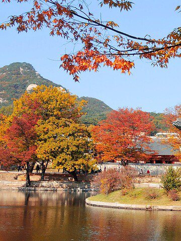 A traditional Korean pavilion by a pond, surrounded by autumn trees with red and orange leaves.