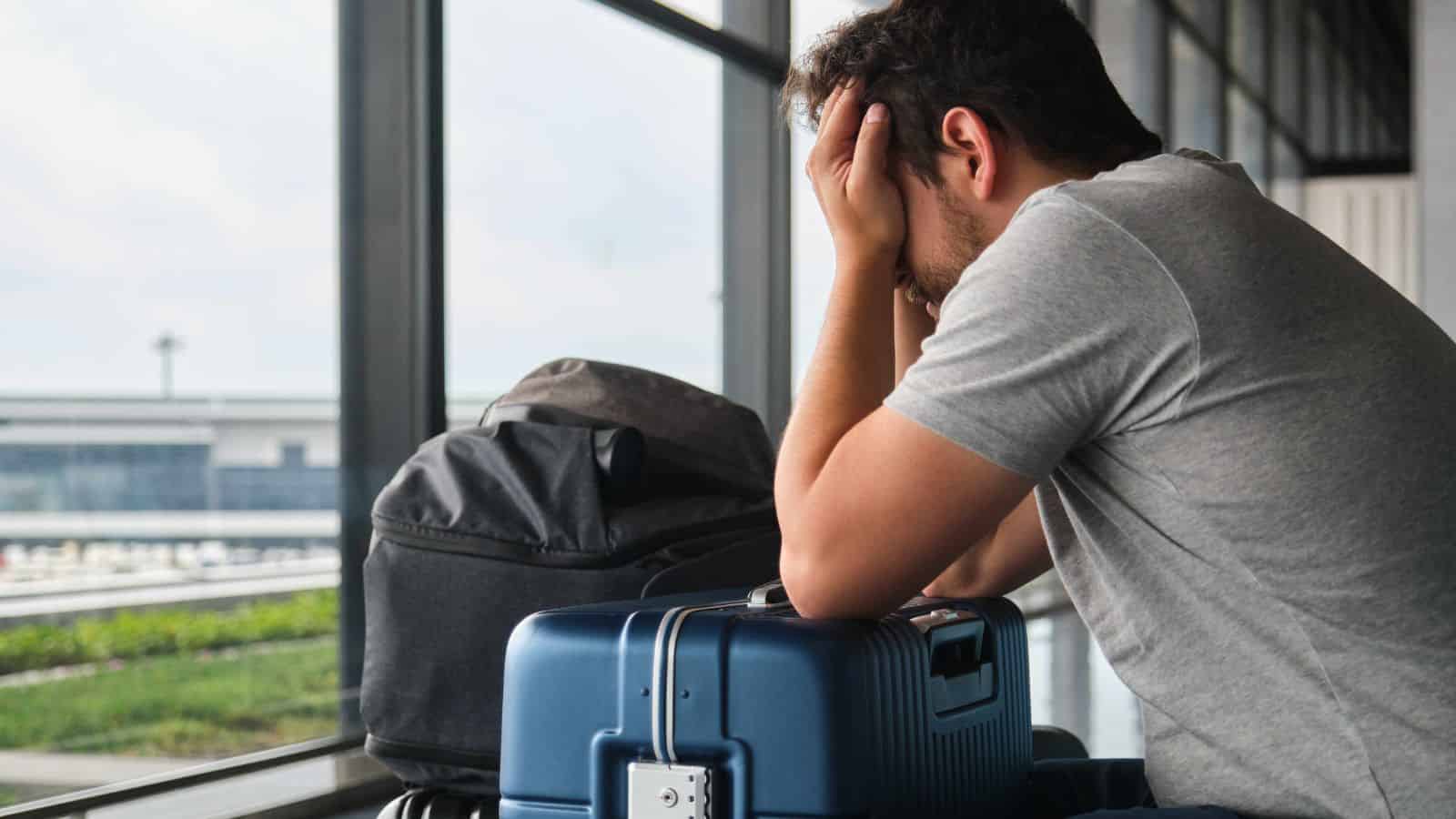 A man sits at an airport with his head in his hands, looking stressed, next to his luggage.