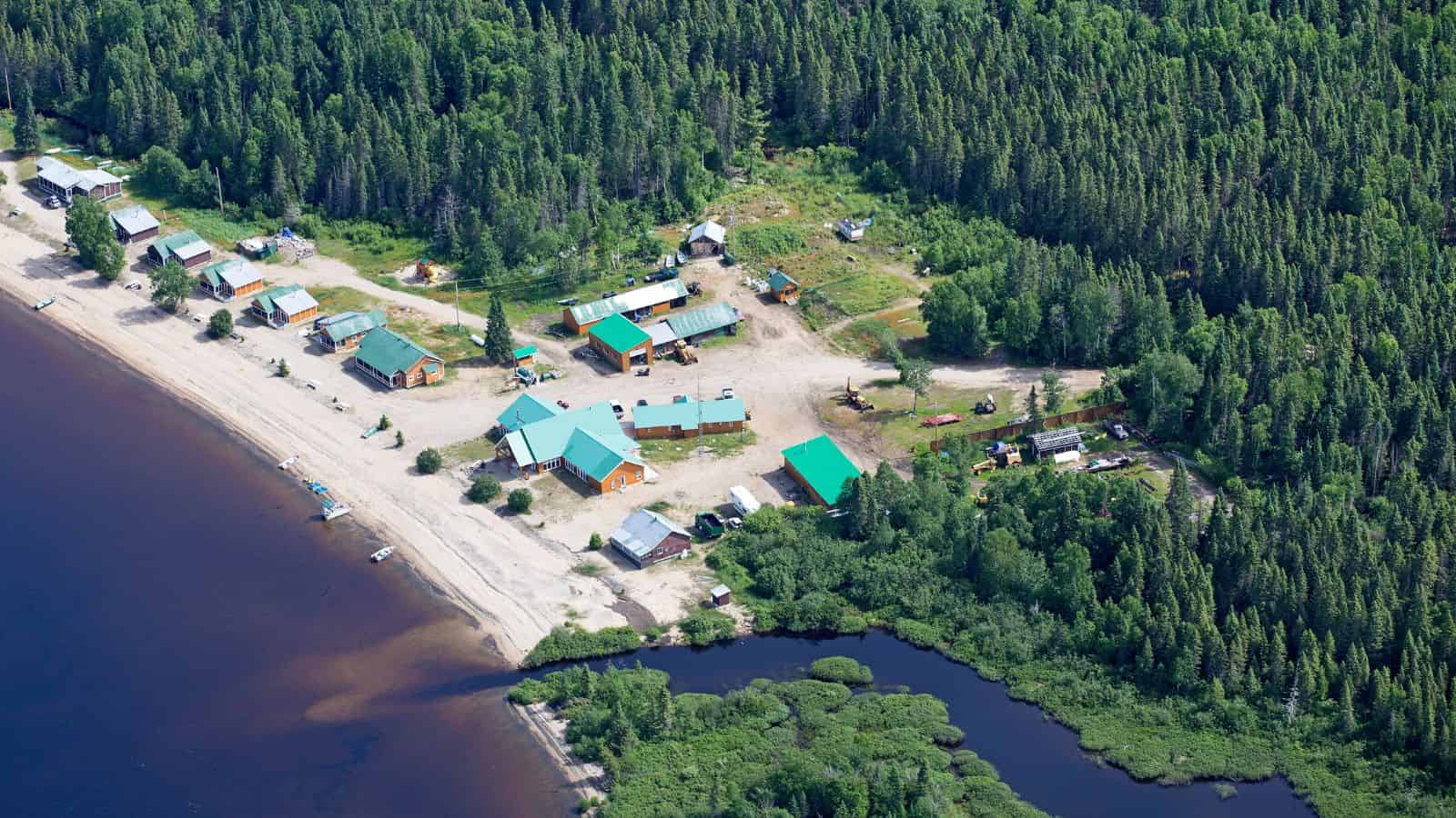 Aerial view of a lakeside village with green-roofed buildings surrounded by dense forest.