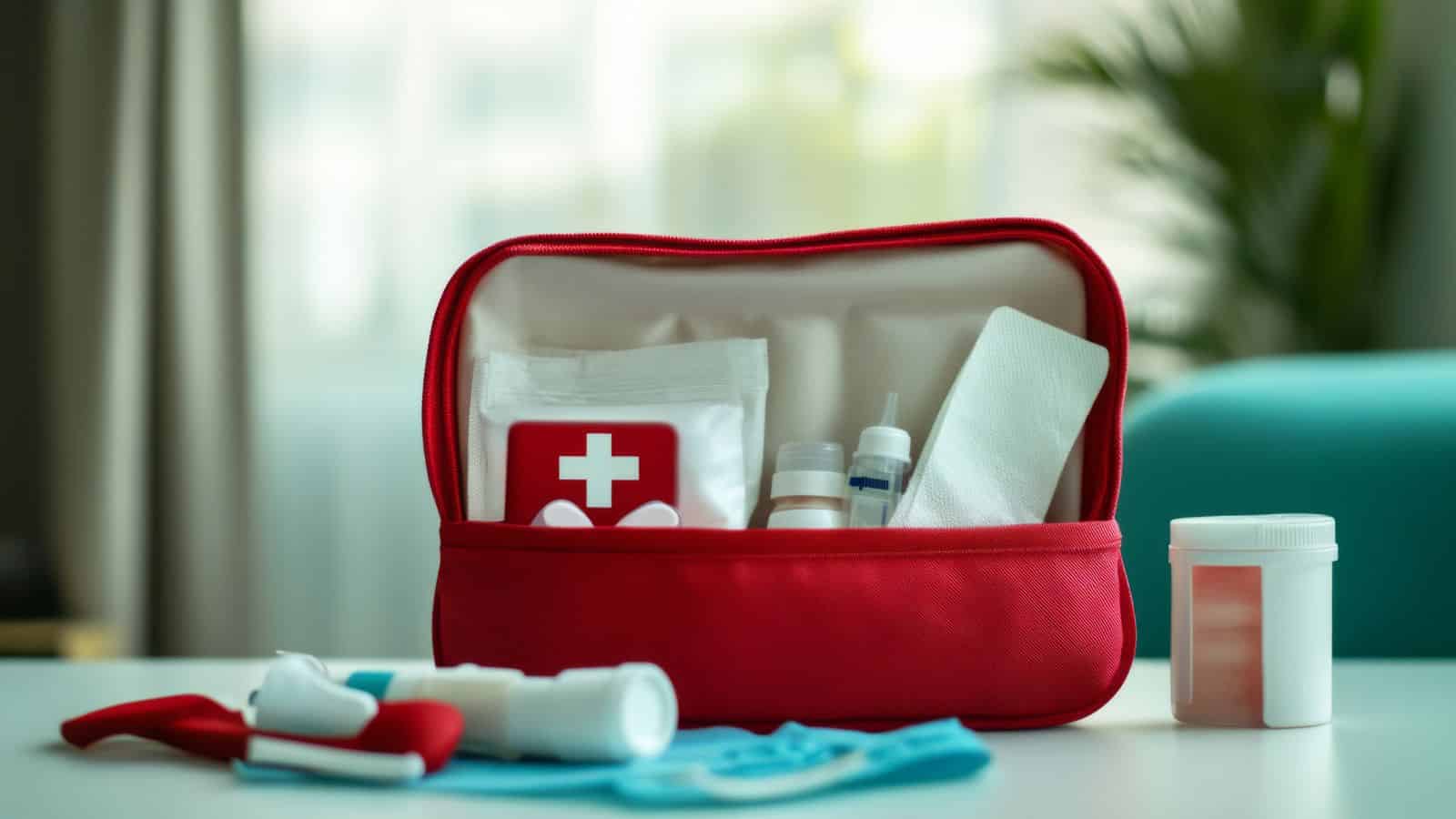 A red first aid kit with medical supplies sits open on a table in a bright room.
