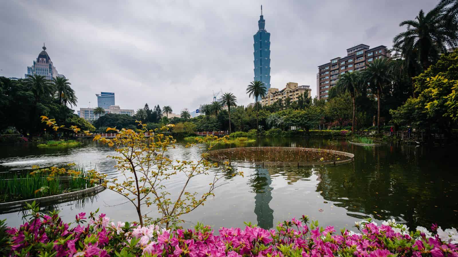Flowering plants by a pond in an urban park with Taipei 101 and city buildings in the background.