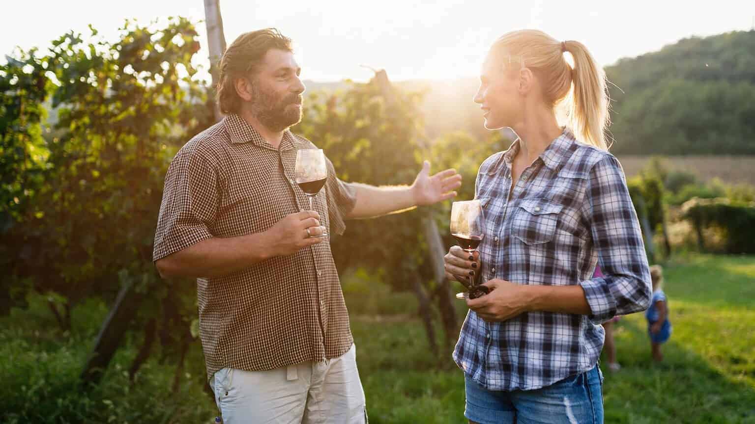 A man and woman holding wine glasses talk in a vineyard at sunset.