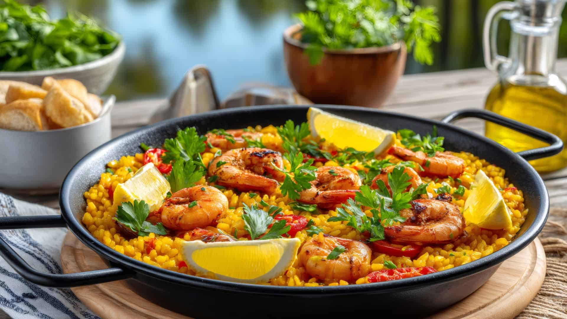 A pan of shrimp paella garnished with lemon wedges and parsley sits on a wooden table outdoors.