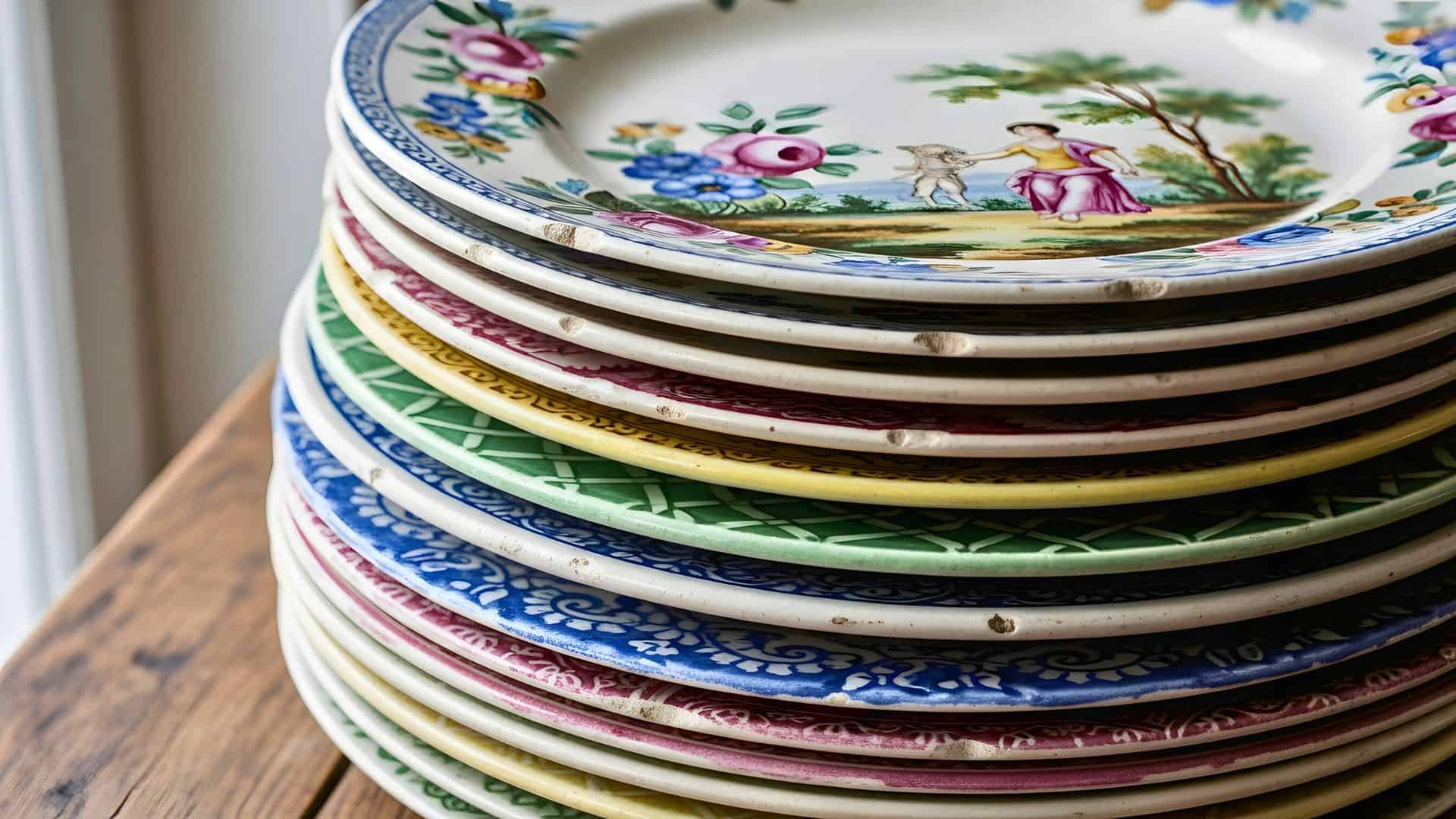 Stack of colorful, patterned vintage plates with floral and scenic designs on a wooden surface.