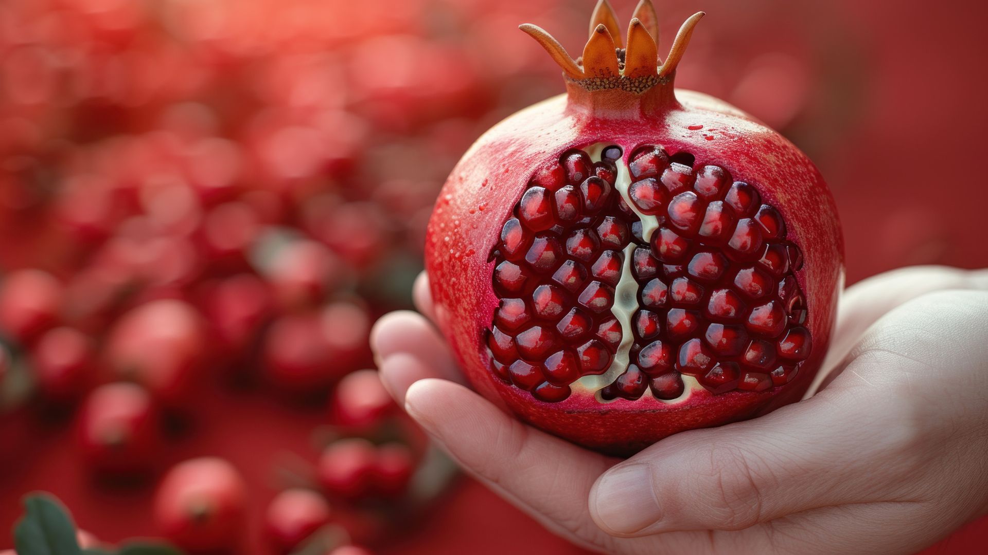 A hand holding a pomegranate with seeds arranged to resemble a brain, against a red blurred background.