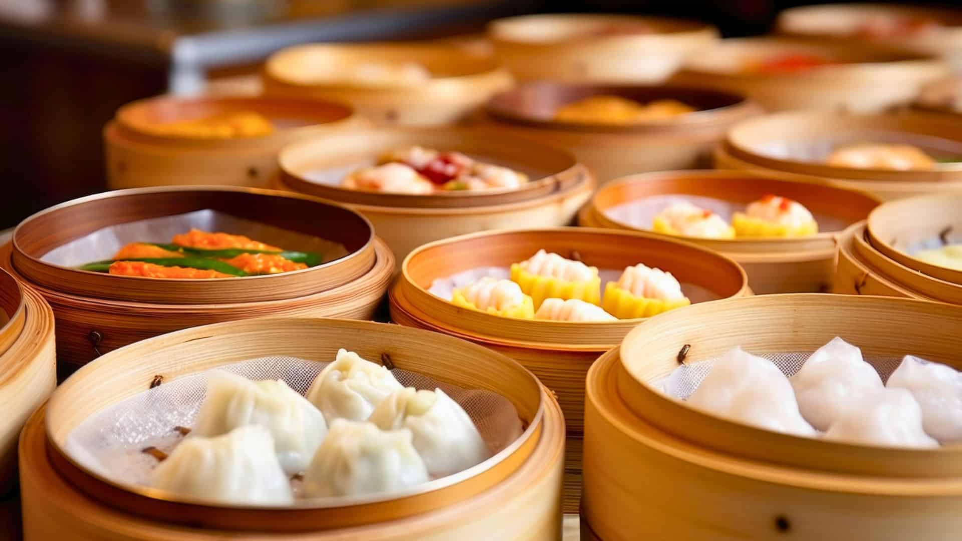 Bamboo steamers filled with assorted dim sum dumplings on a table in a restaurant setting.