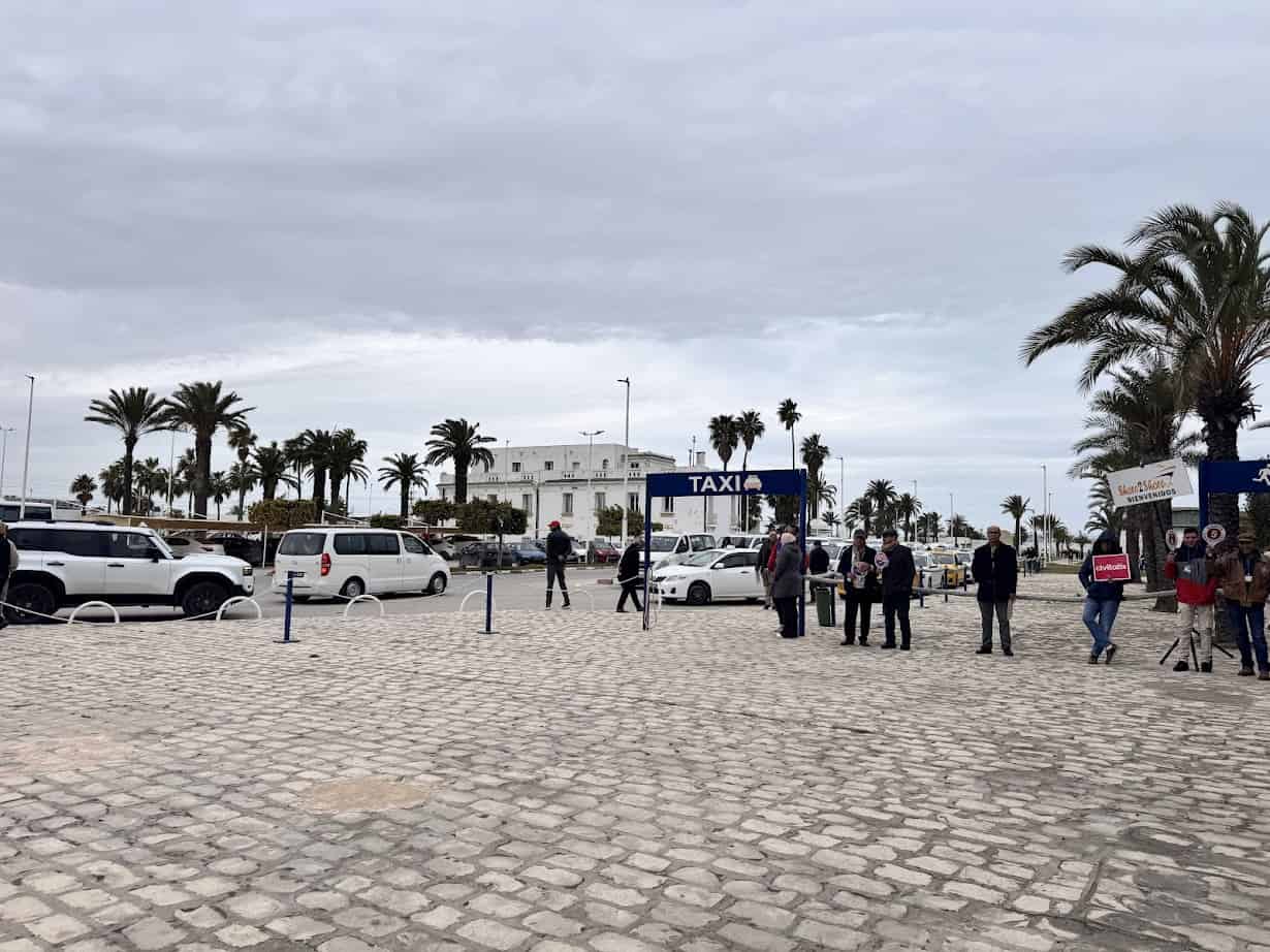 People stand near a taxi area with palm trees, parked cars, and a cloudy sky in the background—an ideal snapshot for starting your Tunisia itinerary 1 day adventure.