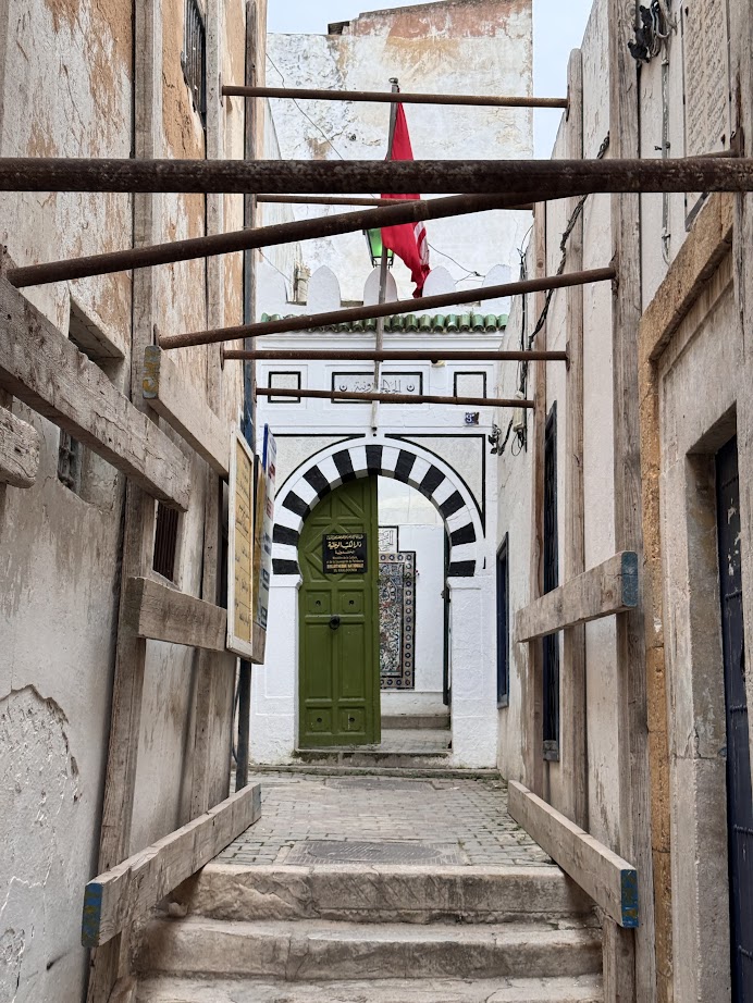 Narrow alleyway with a green door, arched entrance, and Moroccan flag above under wooden scaffolding—an intriguing spot to add to your Tunisia itinerary 1 day adventure.
