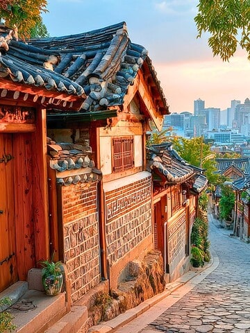 Traditional Korean houses line a stone street at sunset, with a city skyline in the background.