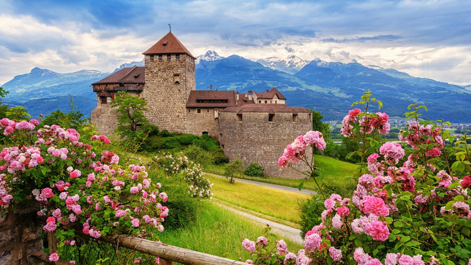 Medieval stone castle on a hill, surrounded by pink flowers, with mountains in the background.