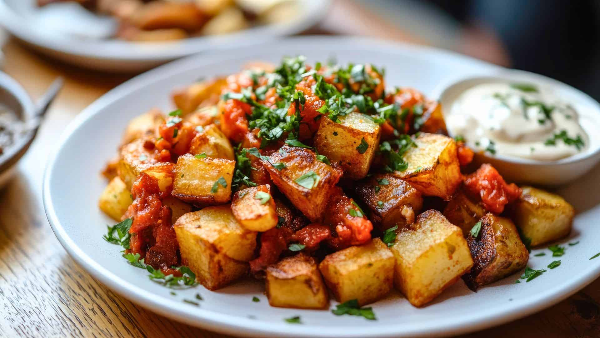 A plate of crispy diced potatoes with tomato sauce, fresh herbs, and a side of creamy dip.