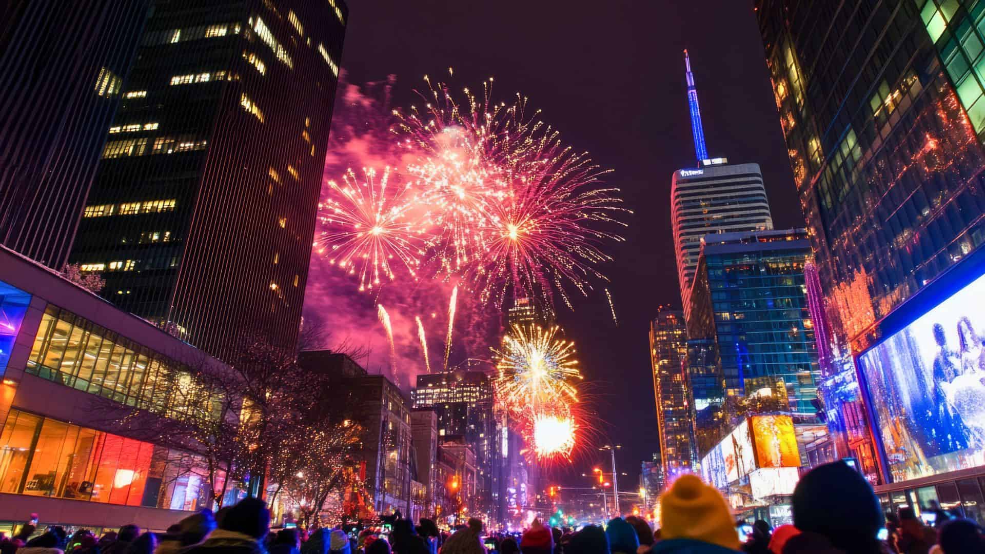 Bright fireworks light up a city skyline at night, with crowds gathered on the street below.