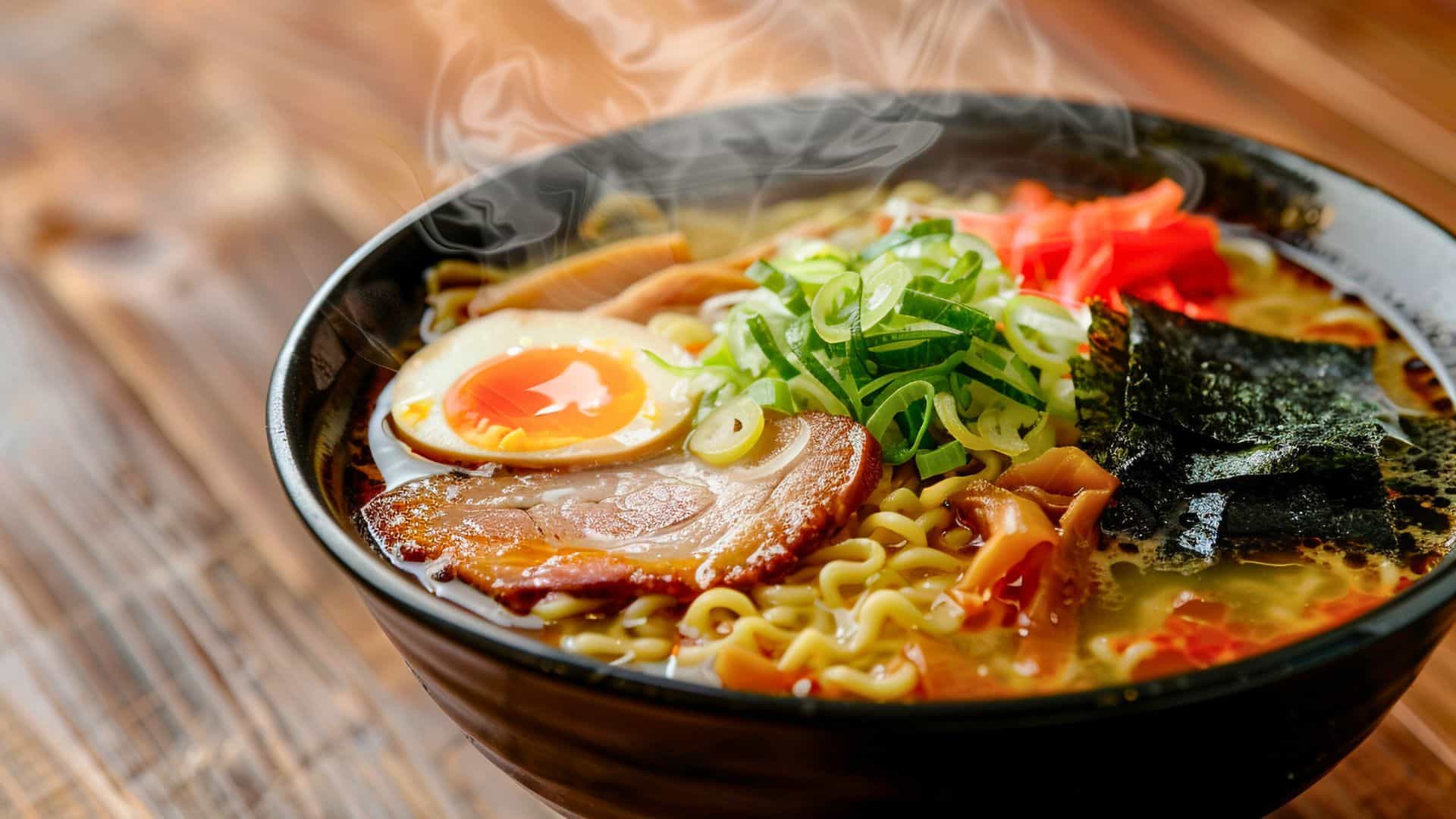 A steaming bowl of ramen with egg, sliced pork, green onions, seaweed, and noodles on a wooden table.