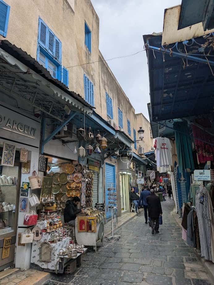 Narrow market street with shops, hanging lanterns, blue shutters, and people walking on a stone path—a perfect scene to explore on your Tunisia itinerary 1 day adventure.