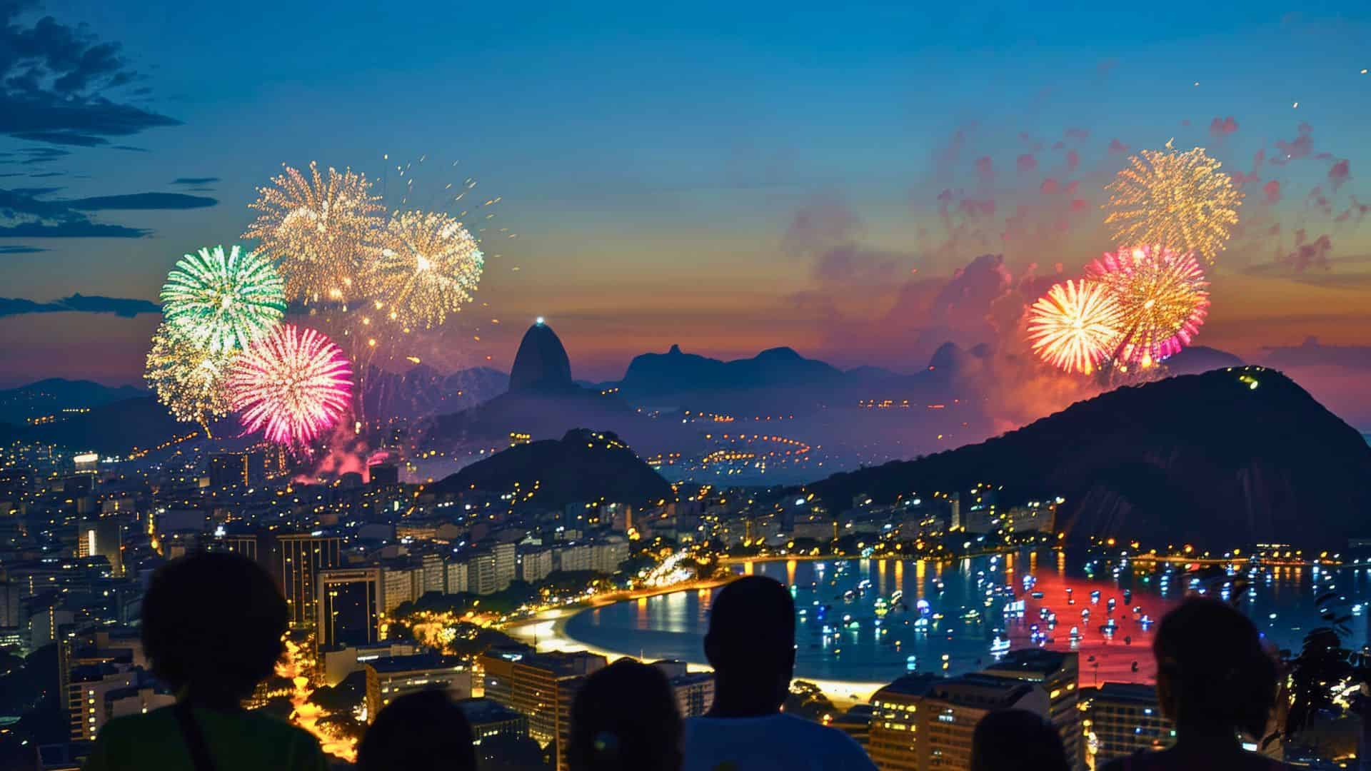 Fireworks light up the sky over a coastal city at dusk, with people watching from a viewpoint.