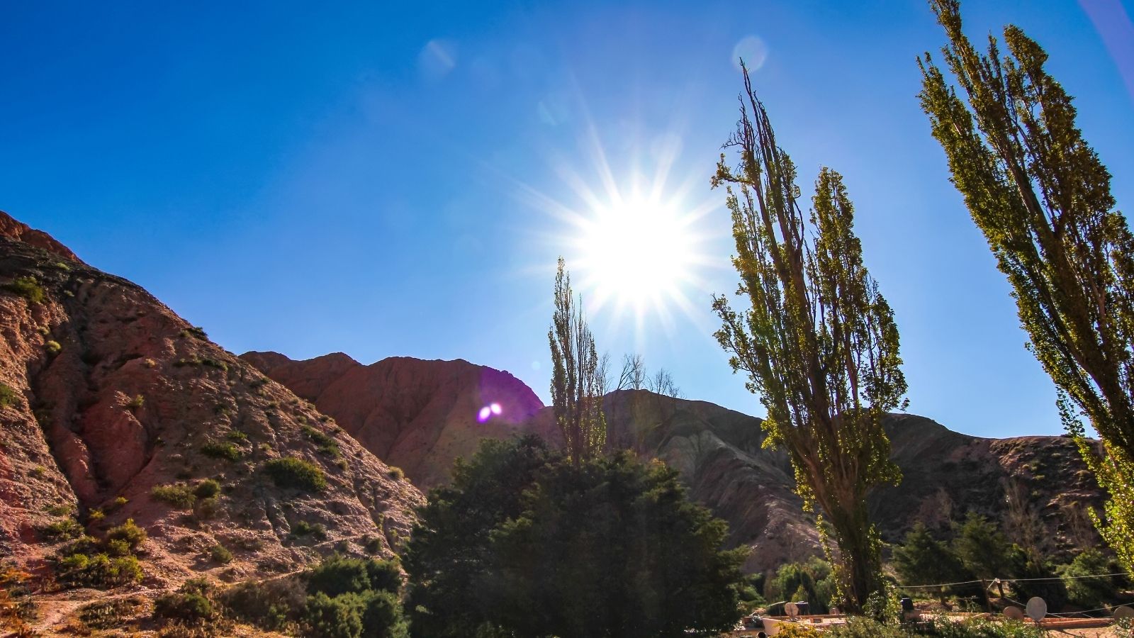 Bright sun shines over rocky hills and tall trees under a clear blue sky.
