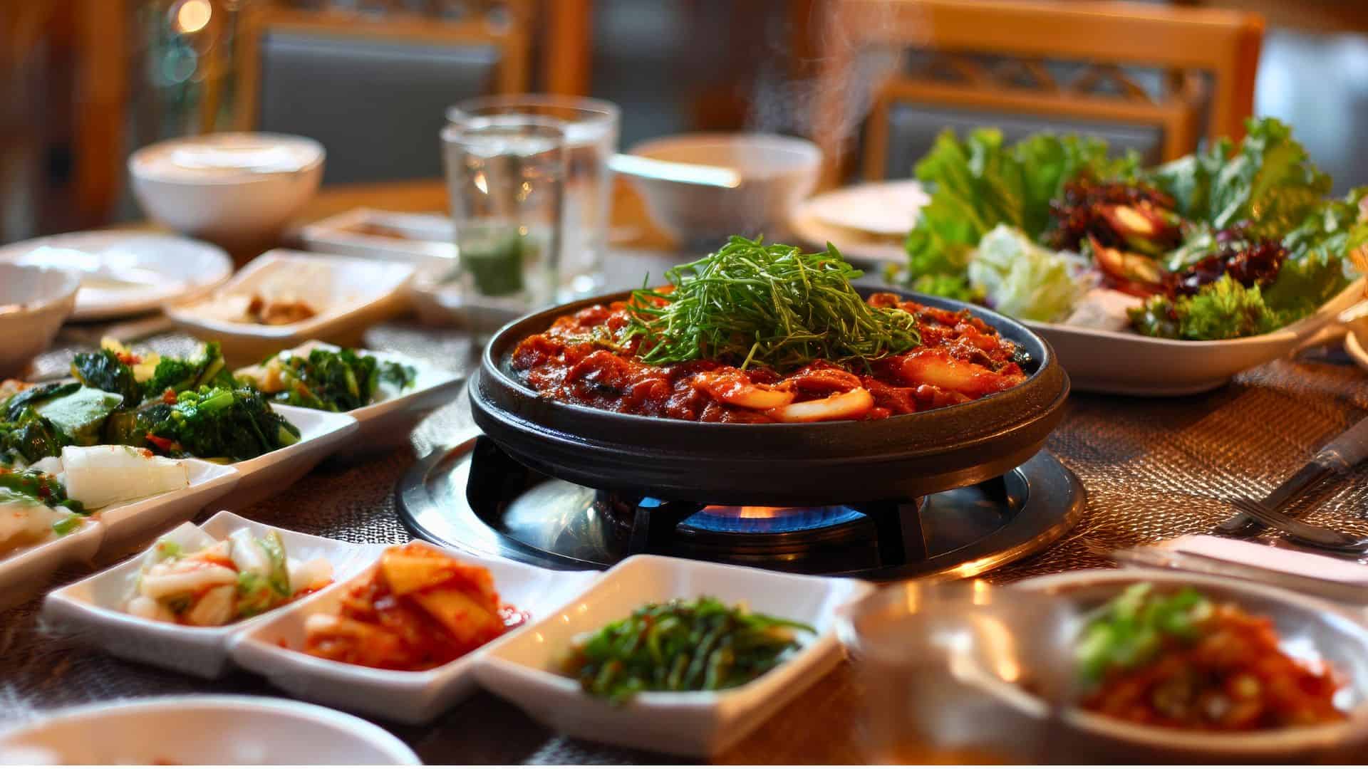 A Korean meal with various side dishes and a sizzling hot pot on a table.