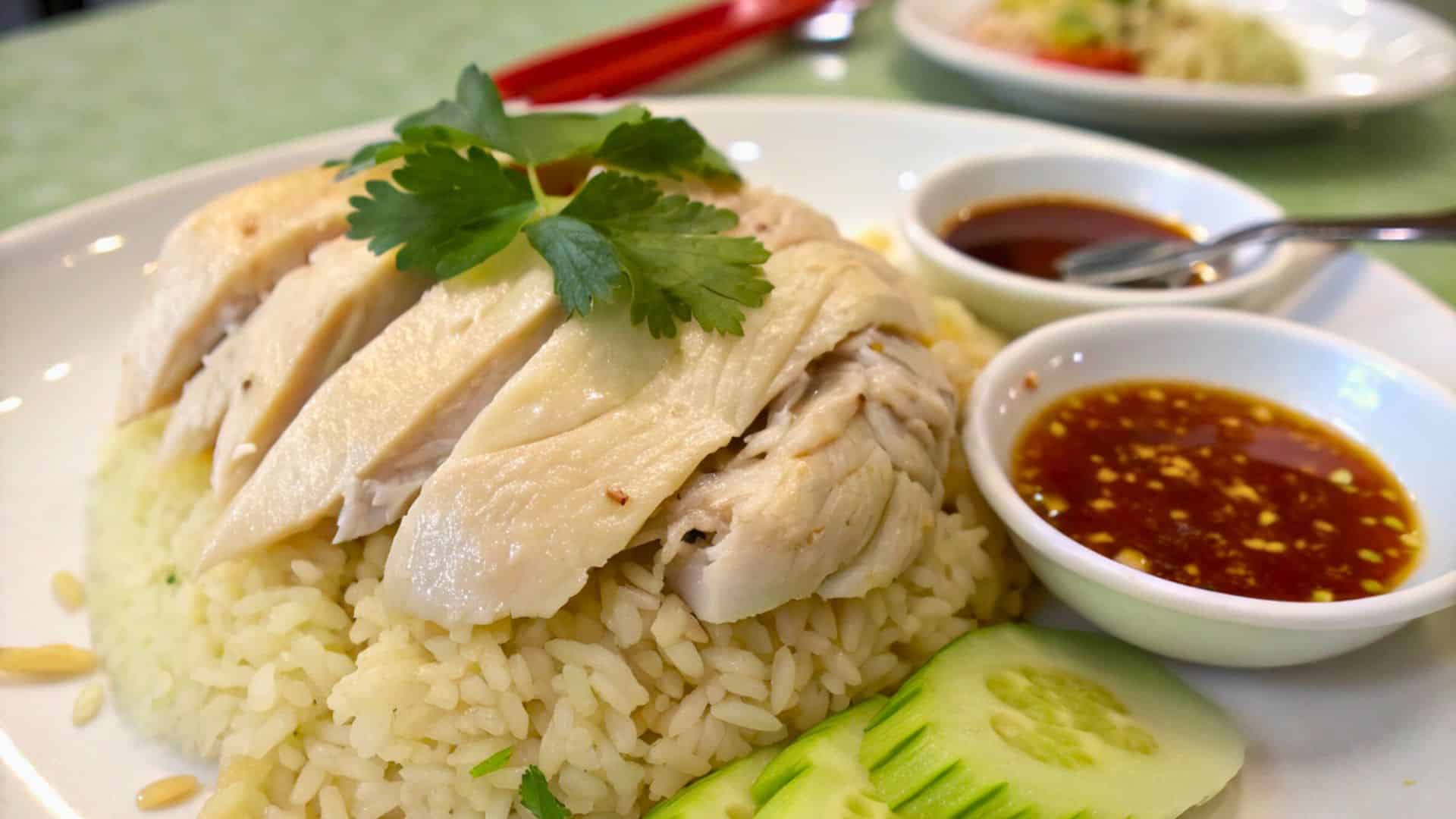 Slices of poached chicken on rice with sauces, cucumber, and cilantro garnish on a white plate.