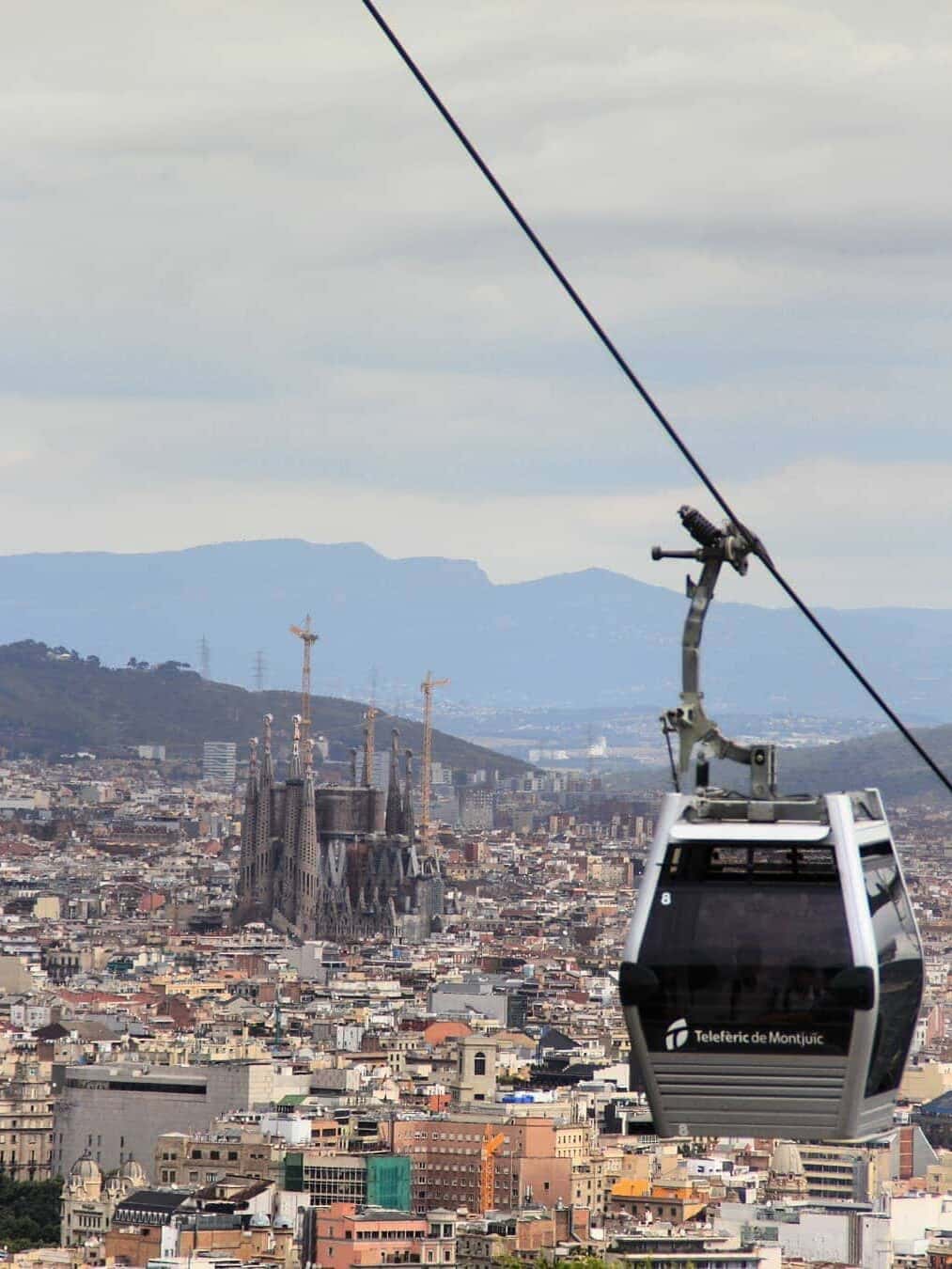 A cable car glides above Barcelona with the Sagrada Fam&iacute;lia visible in the cityscape below&mdash;an unforgettable sight on any 4 days Barcelona itinerary.