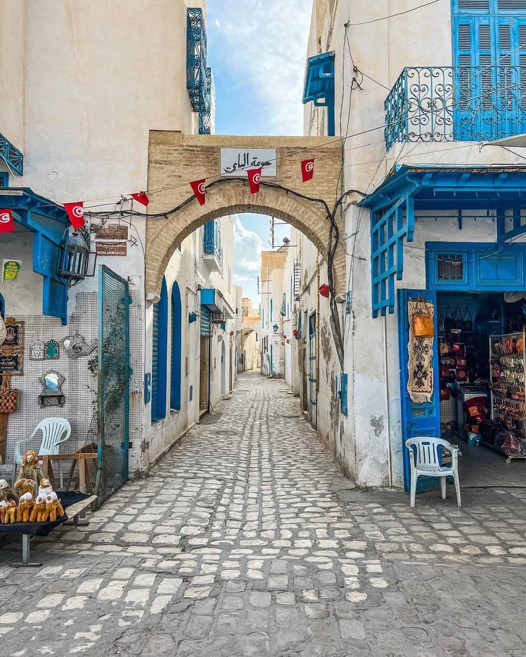 Narrow cobblestone street with blue windows, an archway, and Tunisian flags in a sunny town—perfect for your Tunisia itinerary 1 day adventure.