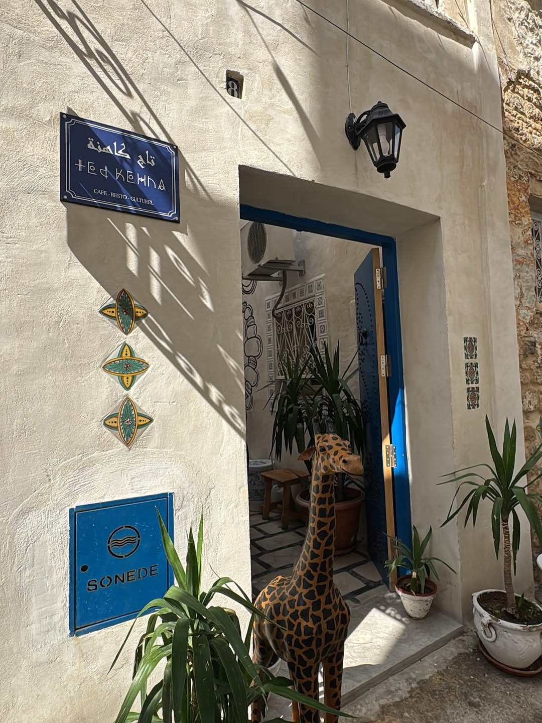 Sunny alley with a blue door, potted plants, wall art, and a giraffe sculpture outside a cafe entrance—a charming spot to include in your Tunisia itinerary 1 day adventure.