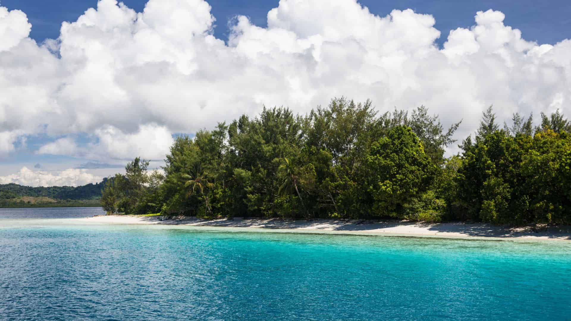 Tropical beach with turquoise water, white sand, and dense green trees under a partly cloudy sky.