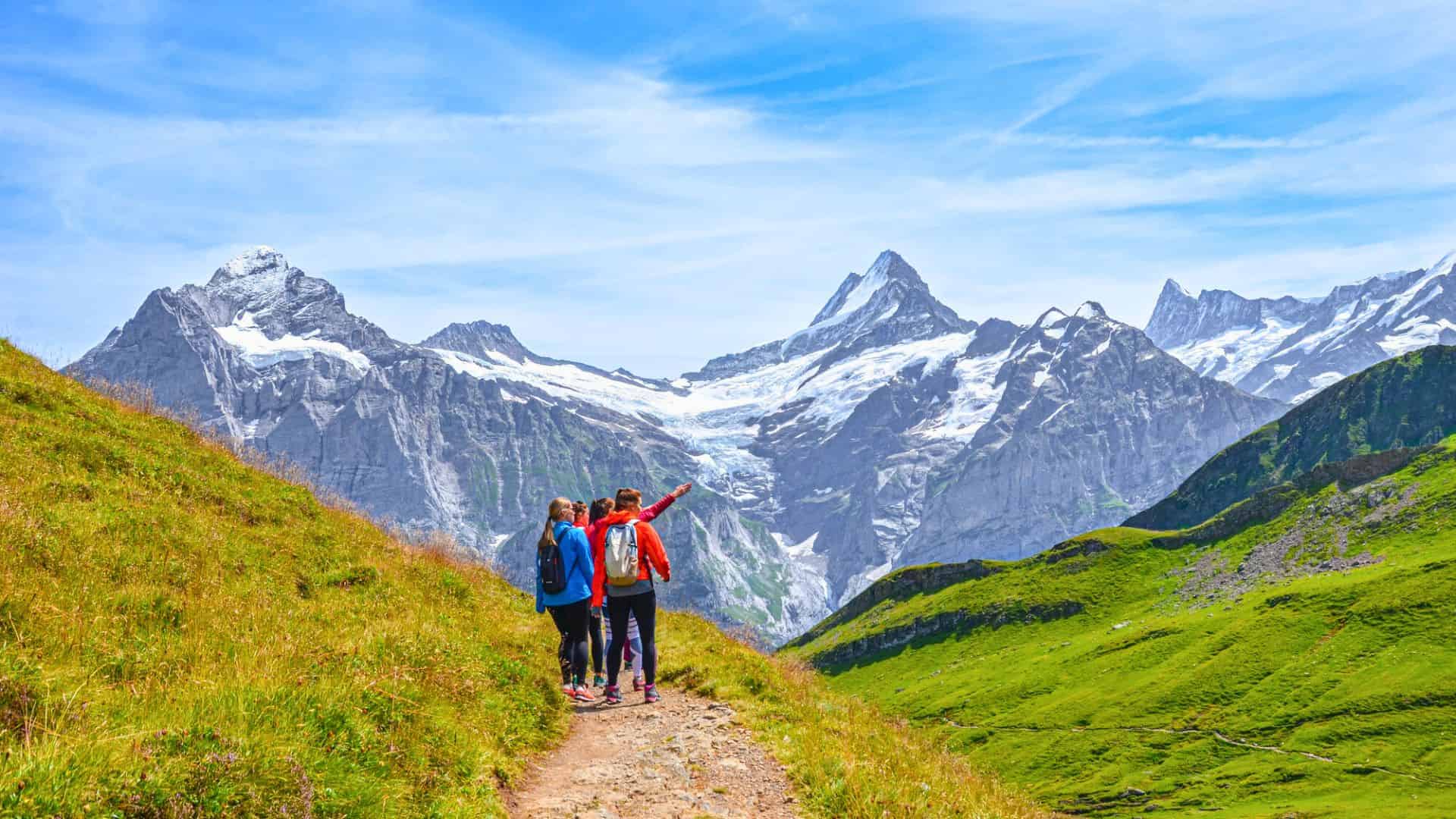 Three hikers walk on a mountain trail with snow-capped peaks and green slopes under a bright blue sky.