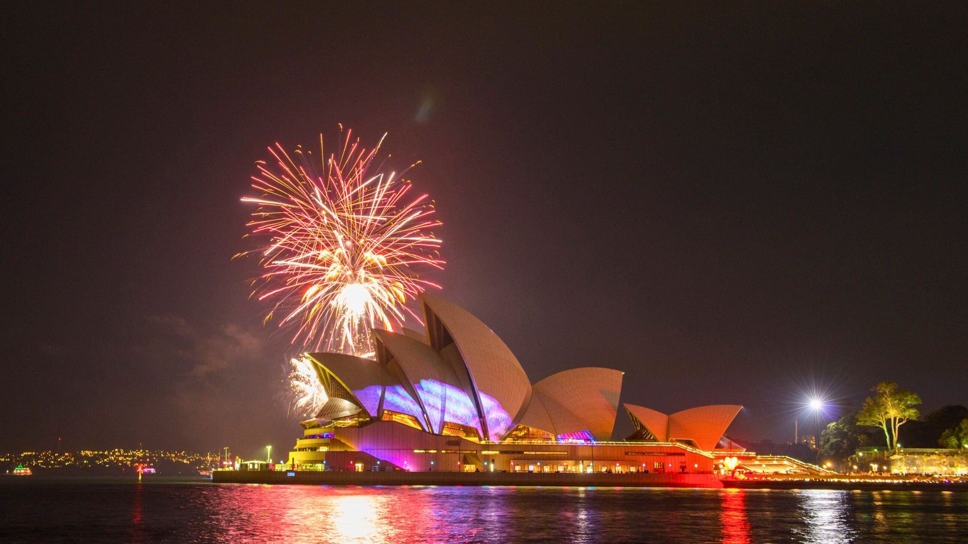 Fireworks light up the night sky above the illuminated Sydney Opera House by the water.