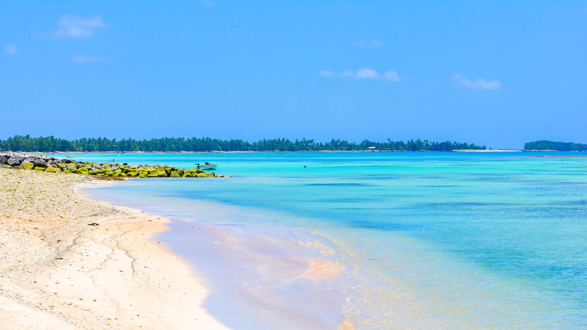 Tropical beach with clear turquoise water, white sand, and distant palm trees under a bright blue sky.