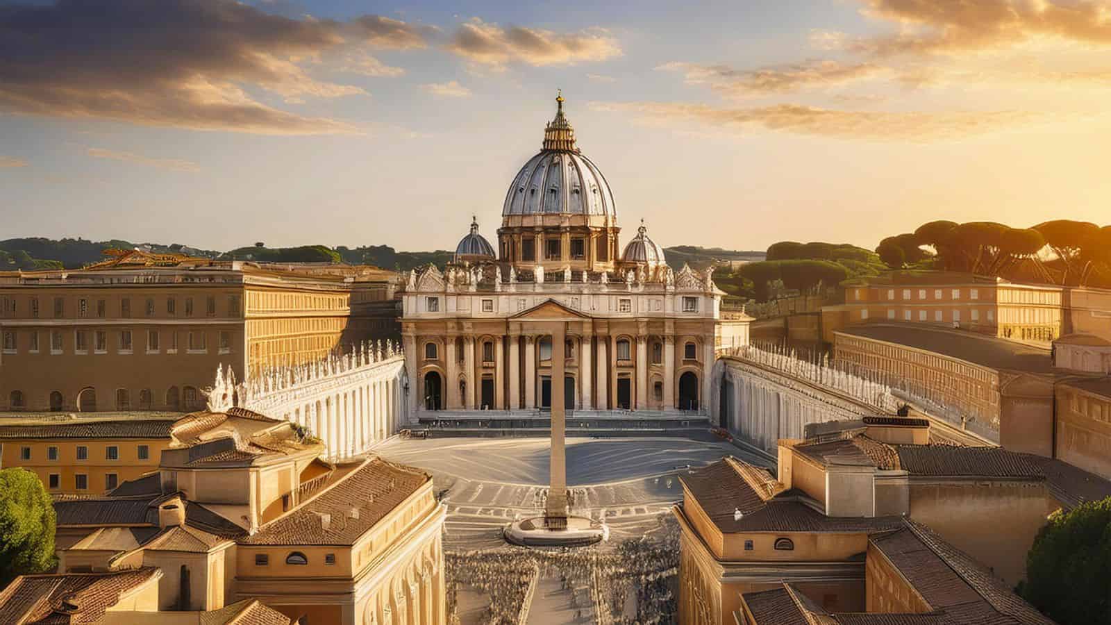 St. Peter’s Basilica and St. Peter’s Square at sunset in Vatican City, with an obelisk in the center.