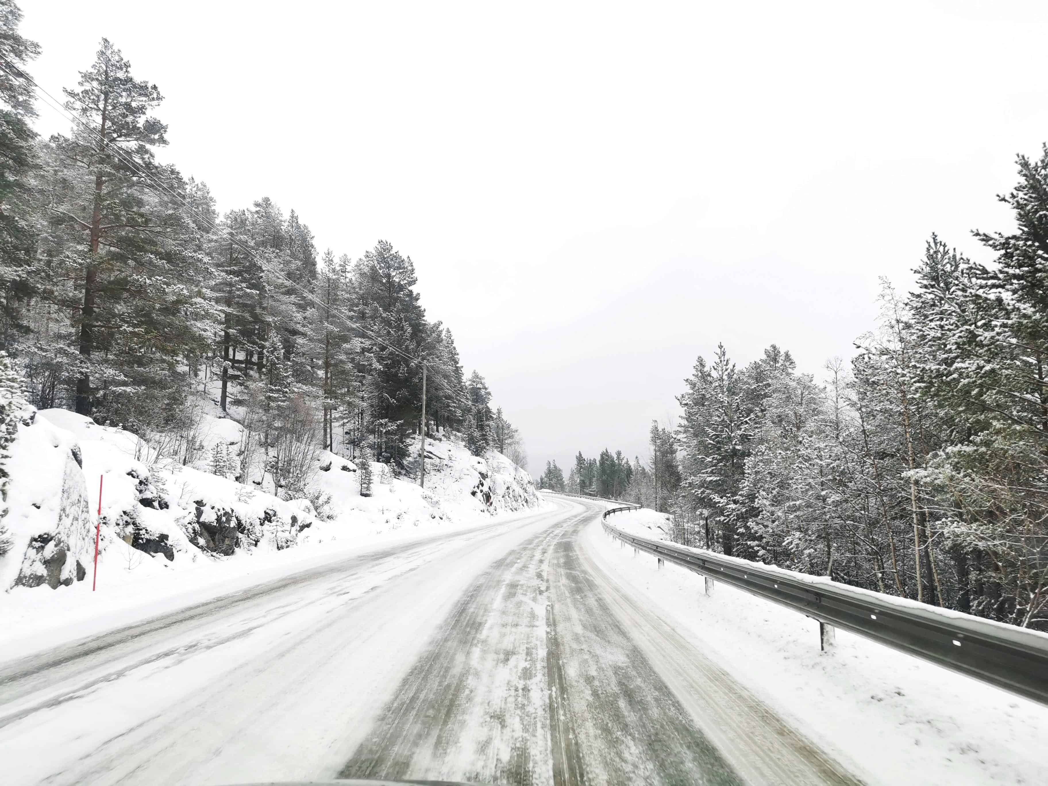 Snowy, winding road through a forest with snow-covered trees and a metal guardrail on the right, capturing the serene beauty of winter travel.