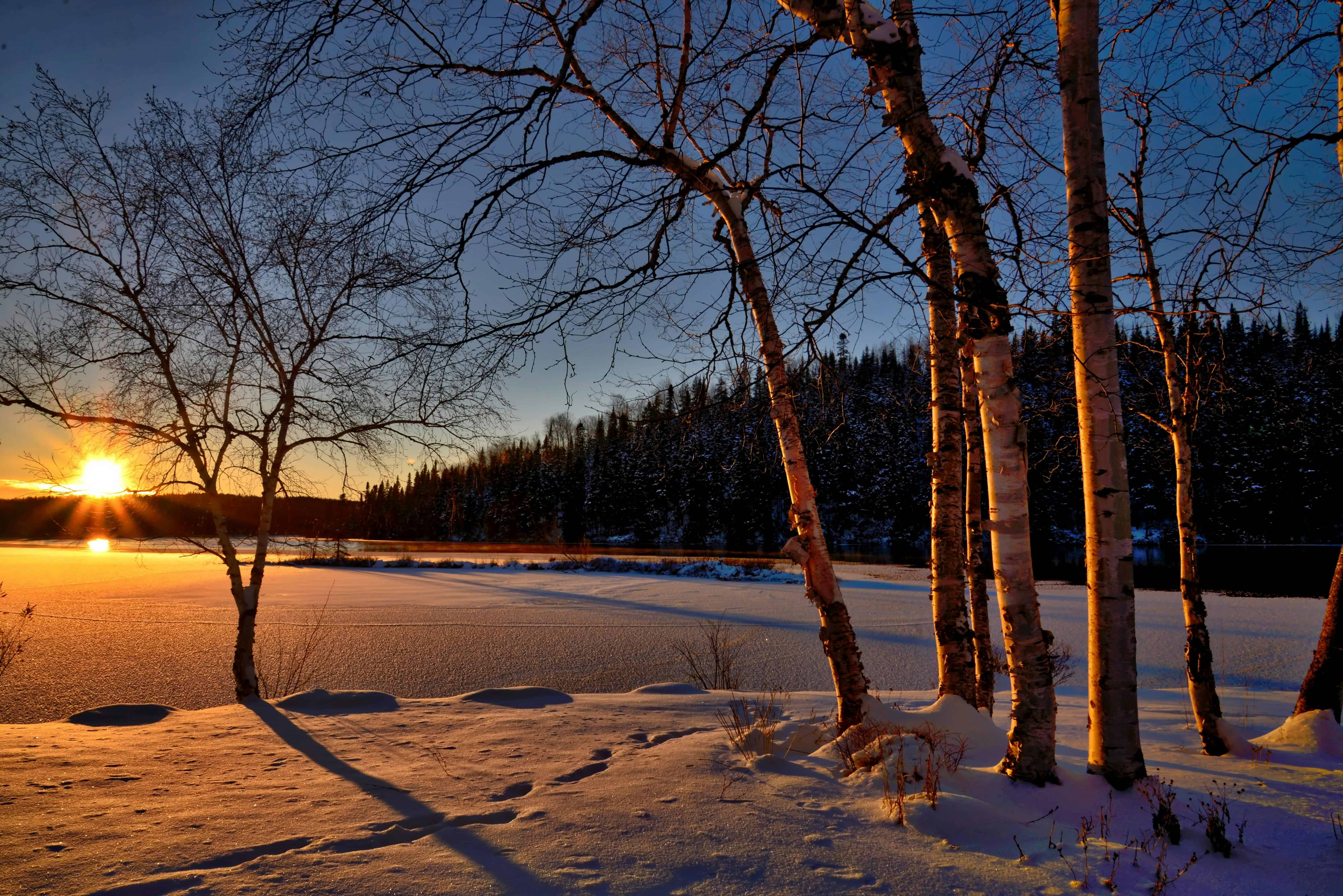 Winter sunset over a snowy landscape with bare trees and a frozen lake, casting long shadows&mdash;an enchanting scene perfect for winter travel.