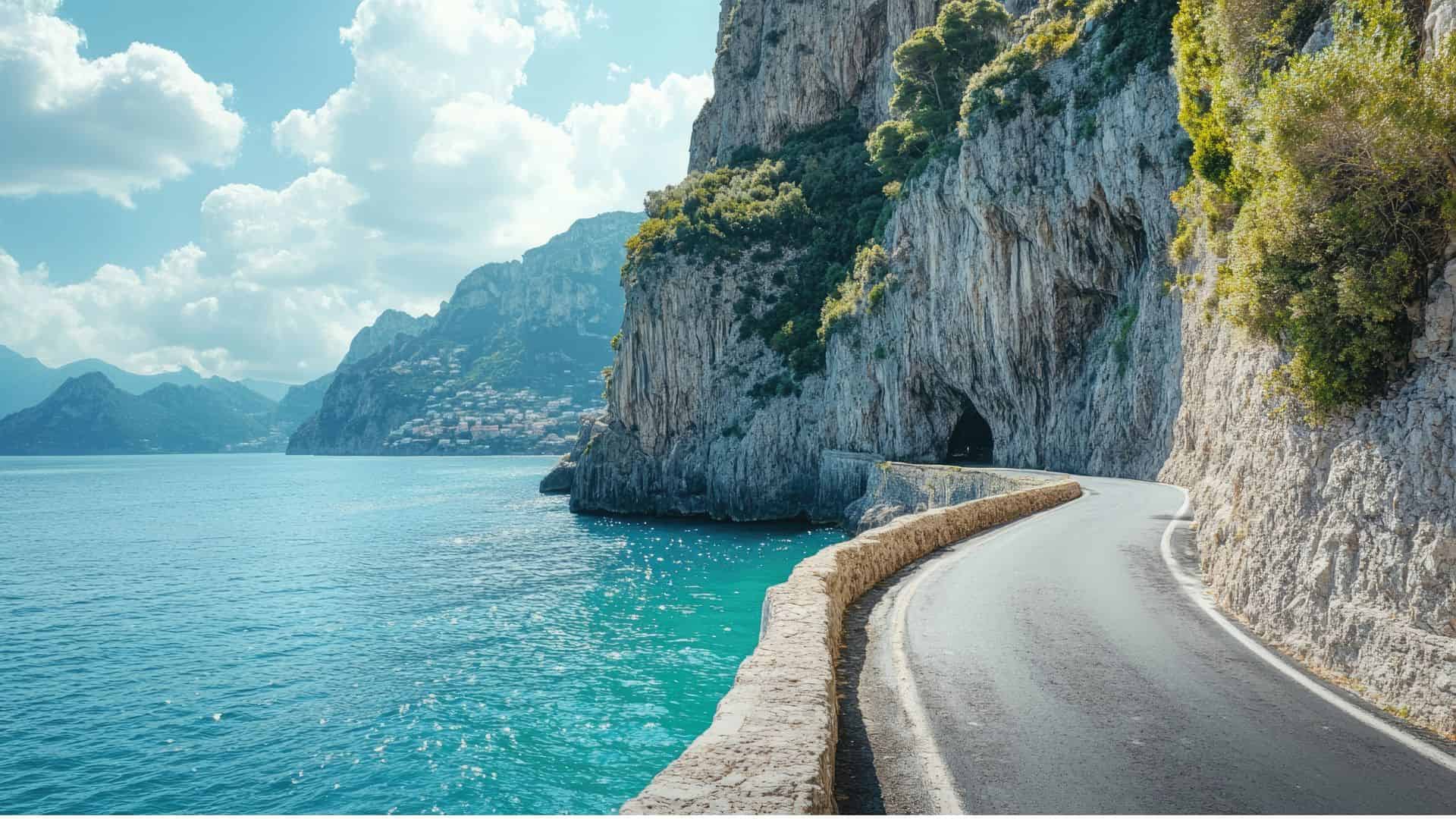 Curving coastal road along steep cliffs above blue sea with distant village and mountains under a partly cloudy sky.