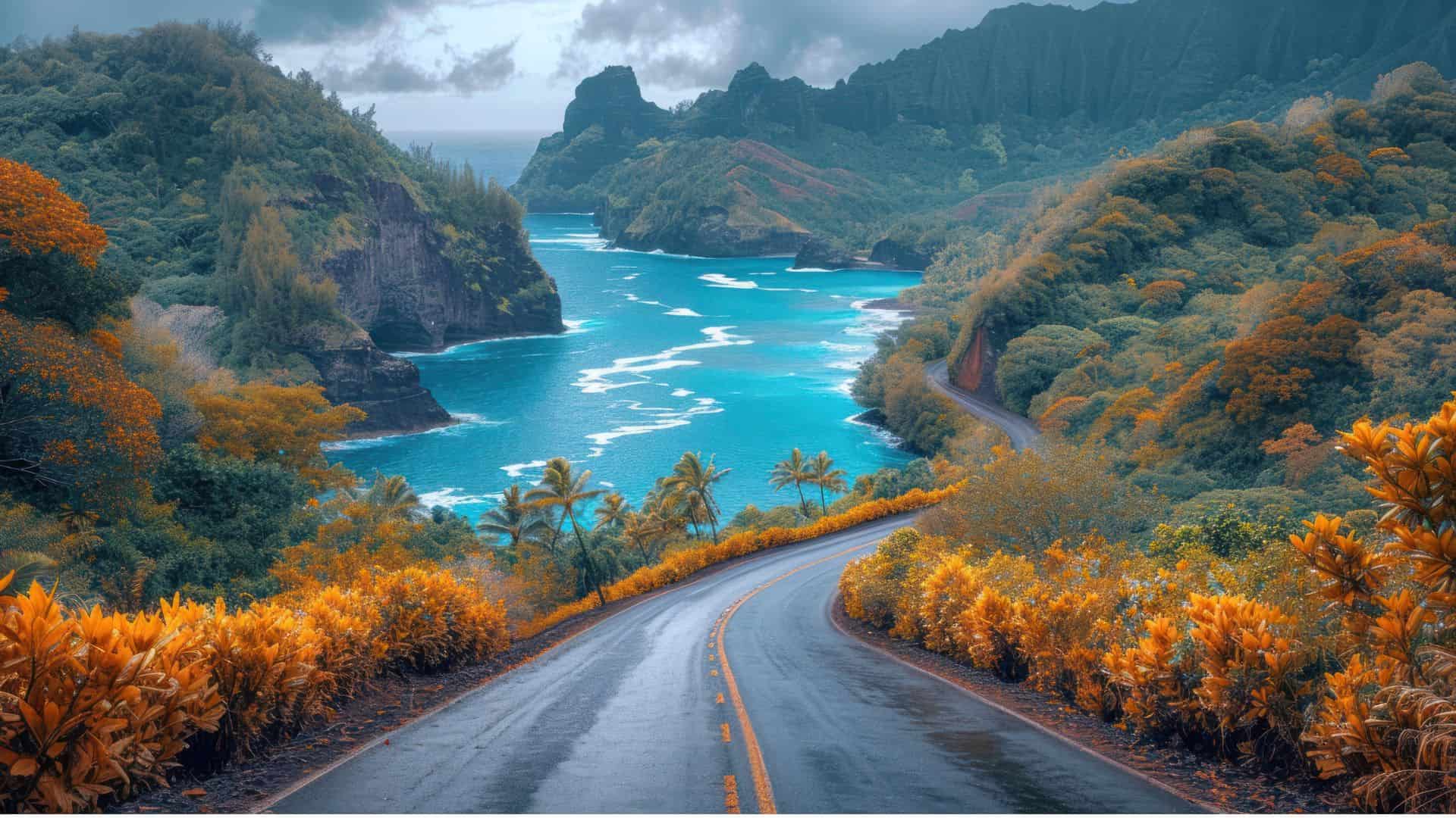 Winding road leads to a turquoise bay, surrounded by lush, colorful foliage and dramatic mountains.