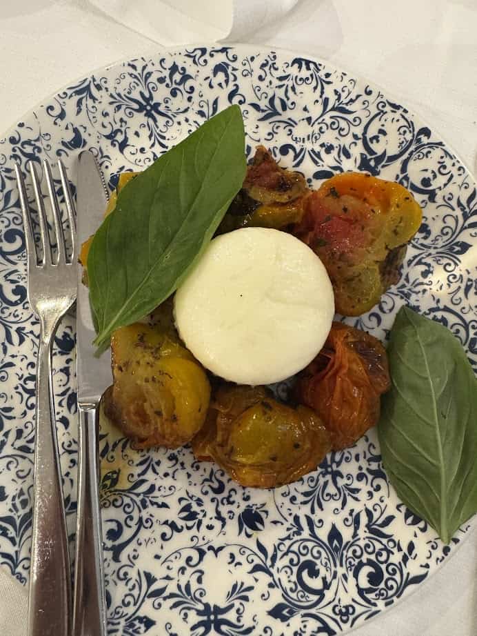 A plate with mozzarella, roasted tomatoes, fresh basil leaves, a fork, and a knife on a patterned dish—perfect inspiration for your Rome with Kids family itinerary or next vacation trip planner.