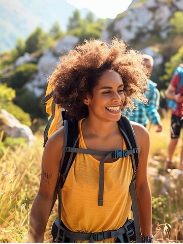 A group of friends hike along a sunny mountain trail, smiling and enjoying the outdoors.