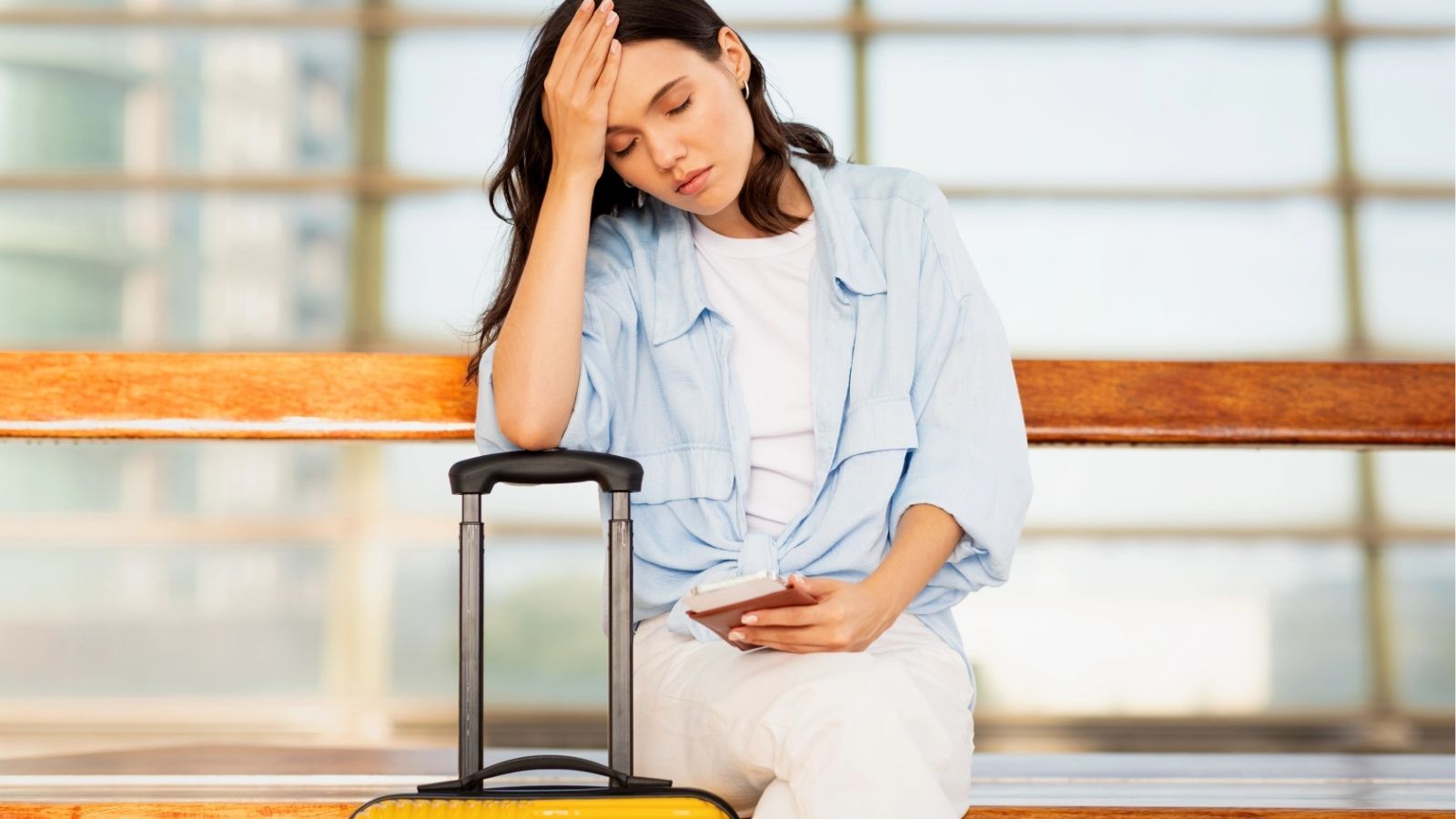 A woman sitting on a bench with her hand on her forehead.