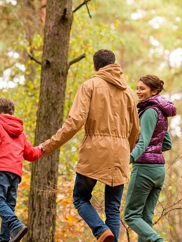 A family of three walks hand in hand through a forest on an autumn day.