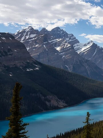 Two people stand on a rocky cliff raising their arms, overlooking a blue lake and snowy mountains—an unforgettable moment on a Canada vacation.