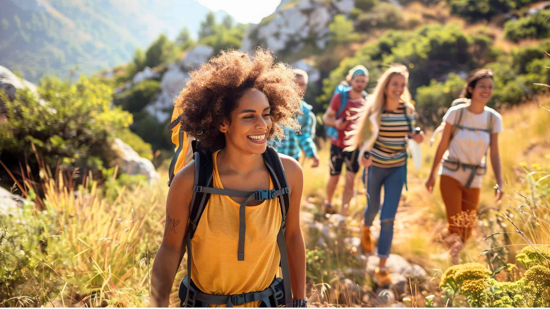 A group of friends hike along a sunny mountain trail, smiling and enjoying the outdoors.