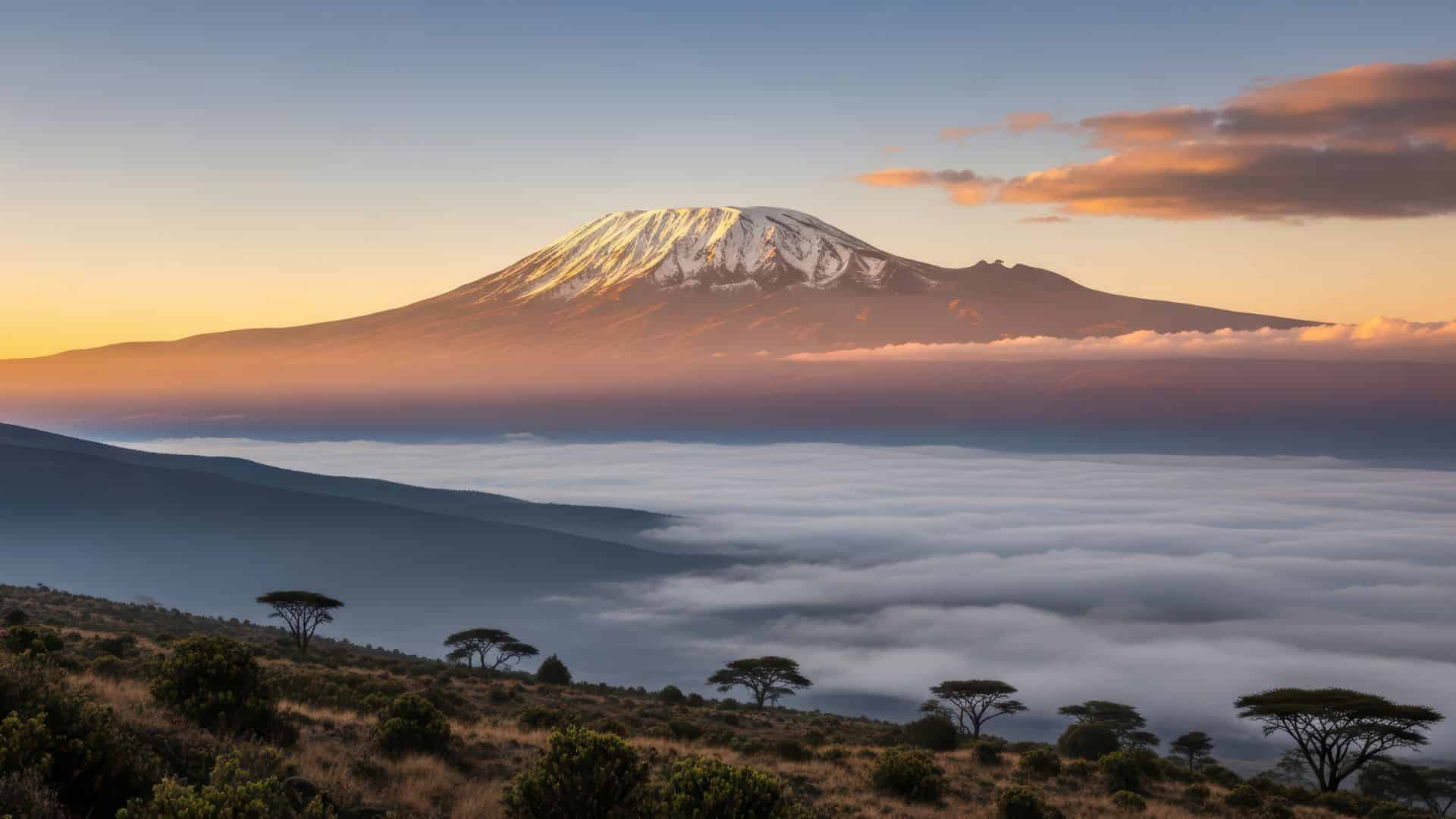 Snow-capped Mount Kilimanjaro at sunrise, with clouds below and acacia trees in the foreground.